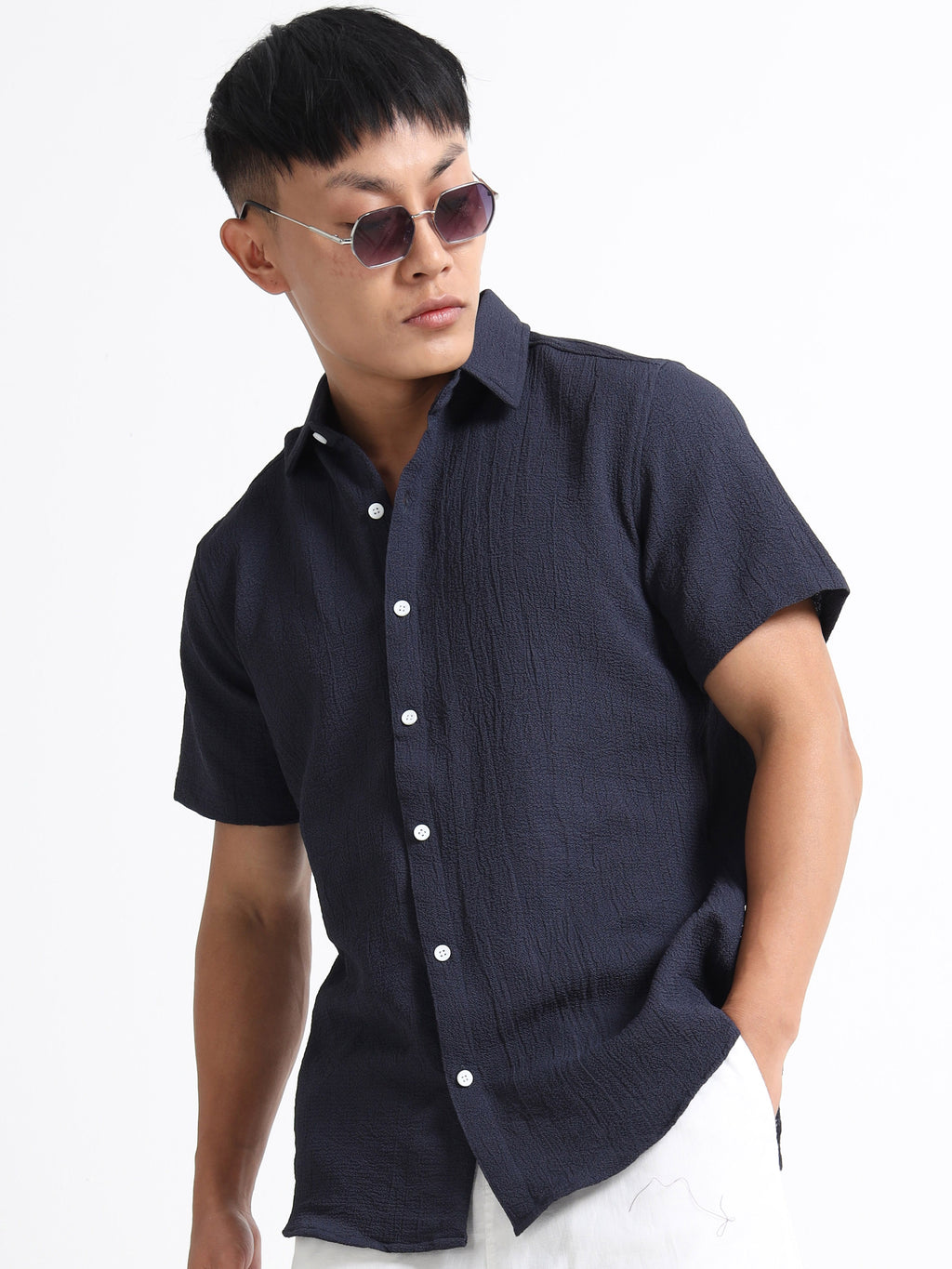 Men's Navy Blue Crinkled Textured Short Sleeve Casual Shirt