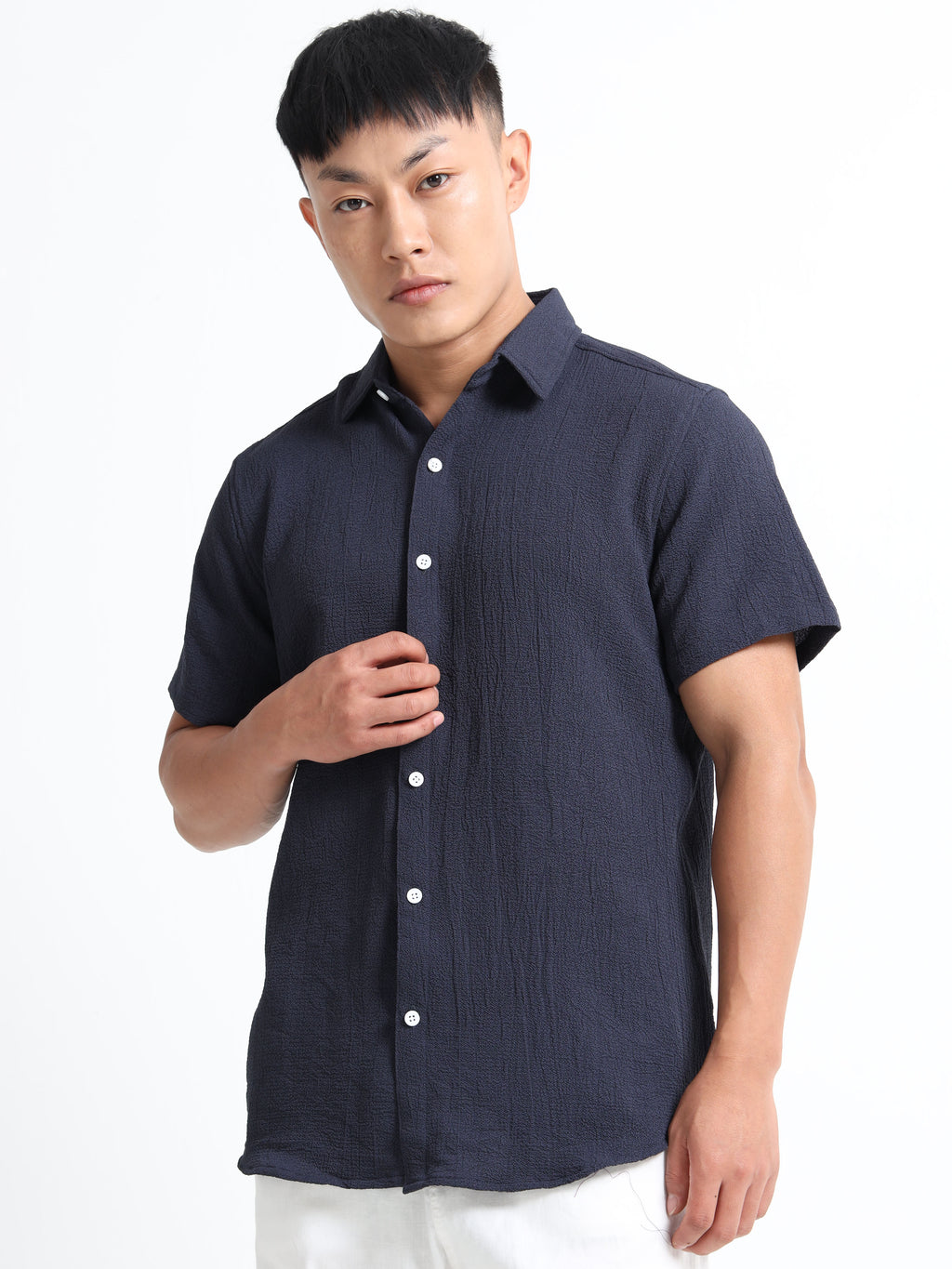 Men's Navy Blue Crinkled Textured Short Sleeve Casual Shirt