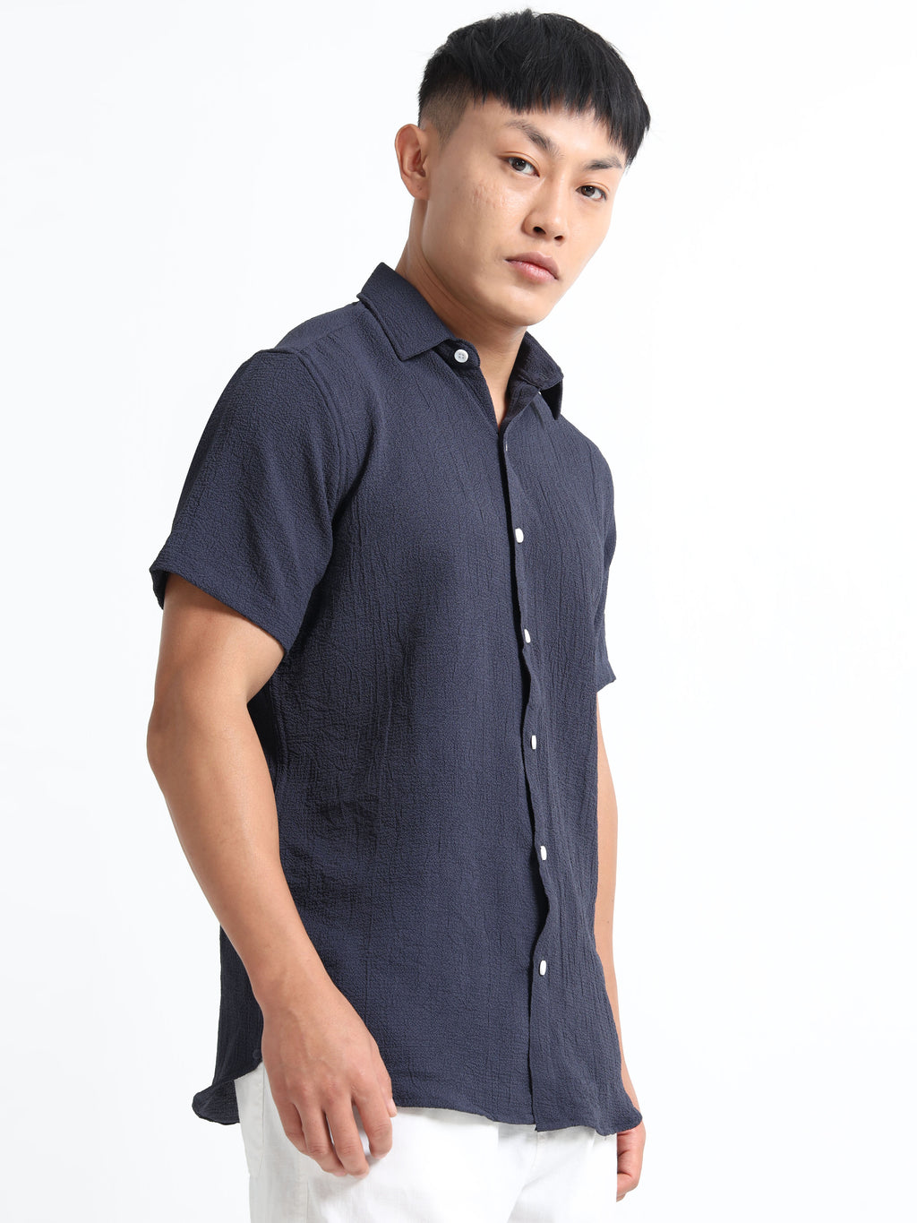 Men's Navy Blue Crinkled Textured Short Sleeve Casual Shirt