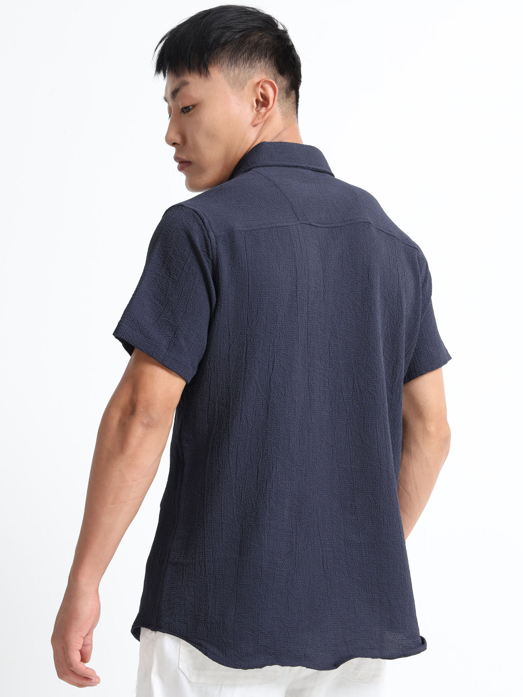 Men's Navy Blue Crinkled Textured Short Sleeve Casual Shirt