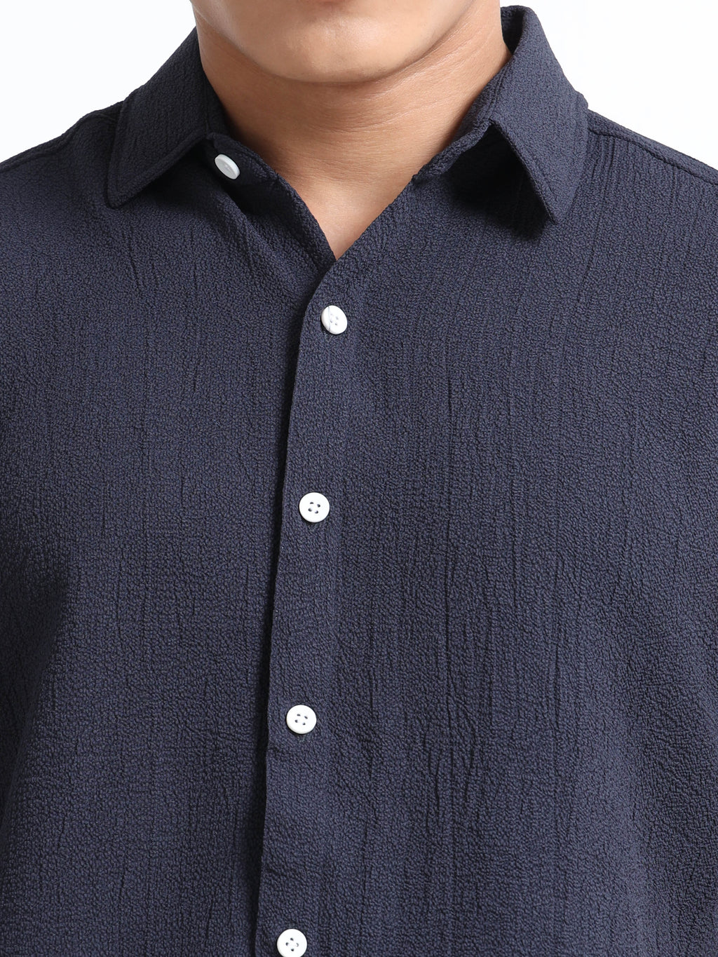 Men's Navy Blue Crinkled Textured Short Sleeve Casual Shirt