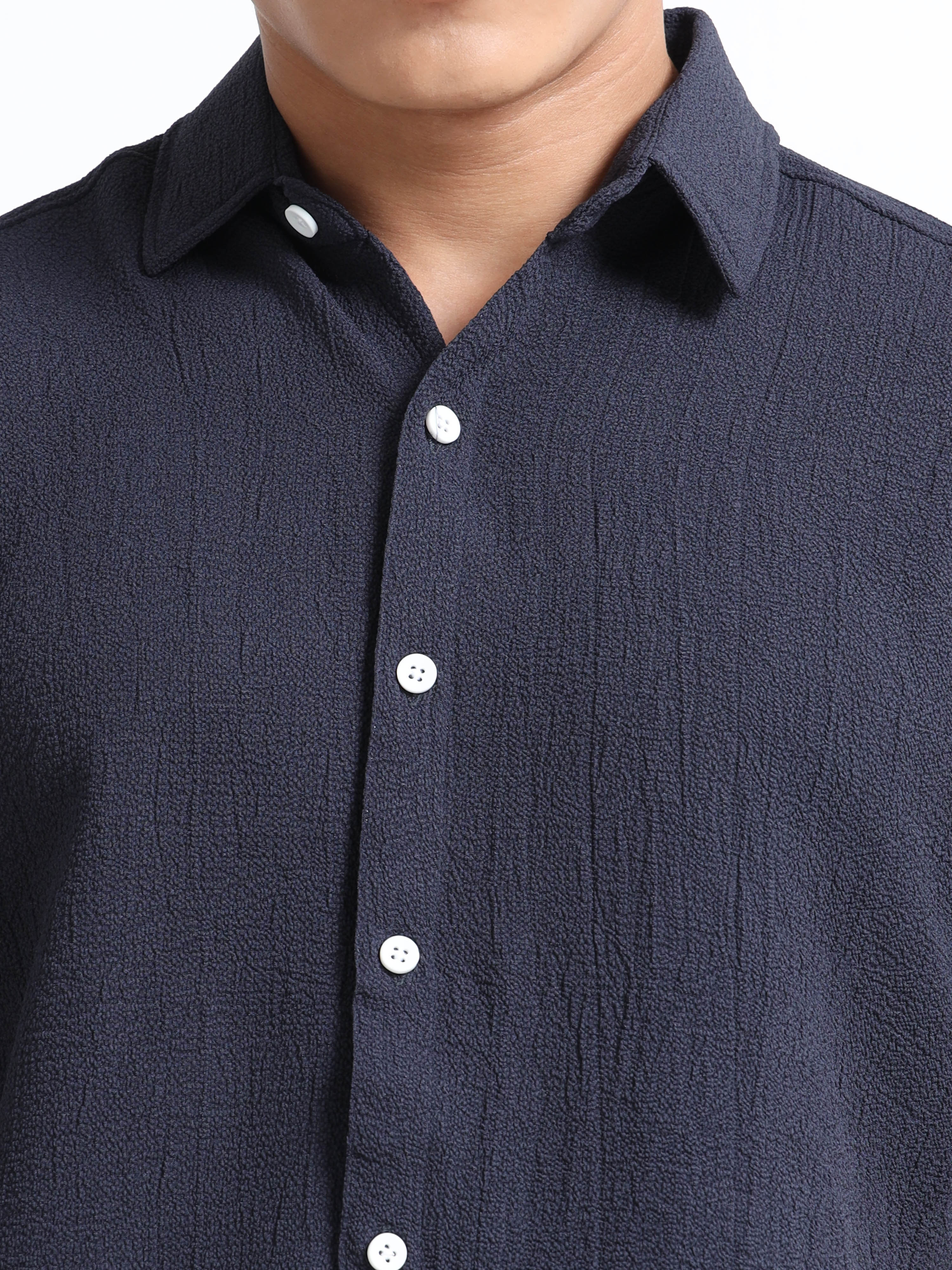 Men's Navy Blue Crinkled Textured Short Sleeve Casual Shirt
