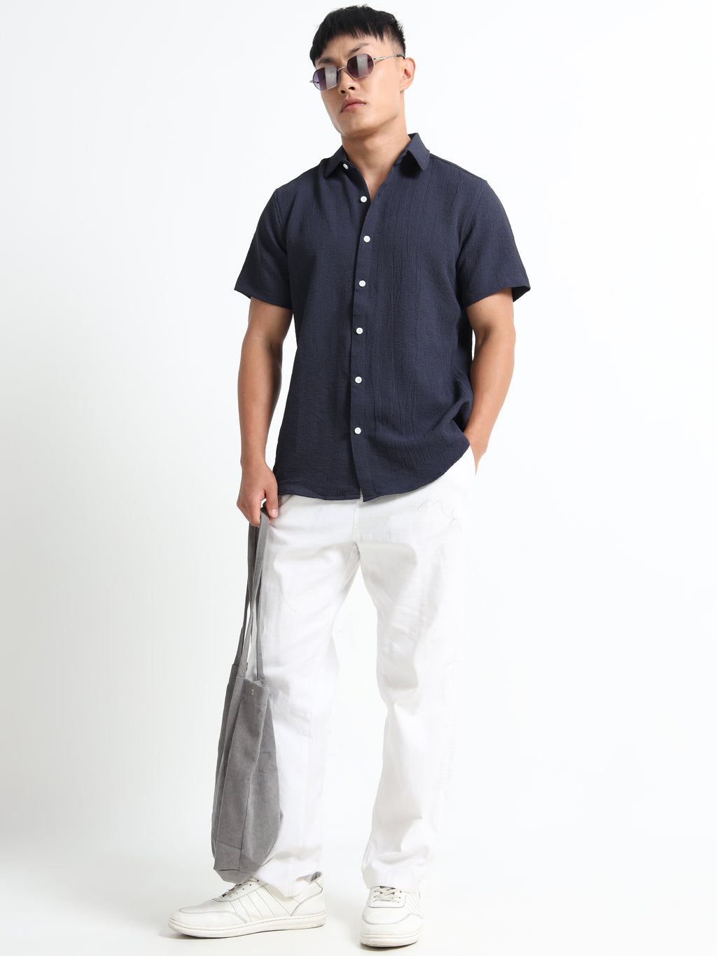Men's Navy Blue Crinkled Textured Short Sleeve Casual Shirt