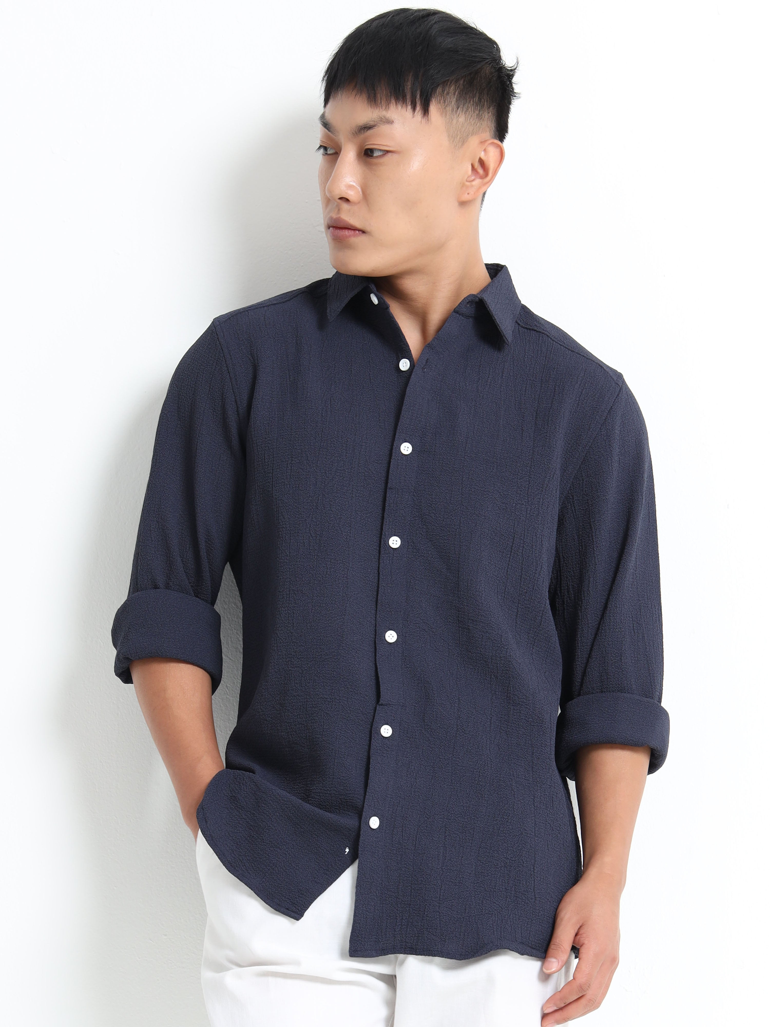 Men’s Navy Blue Textured Casual Button-Down Shirt
