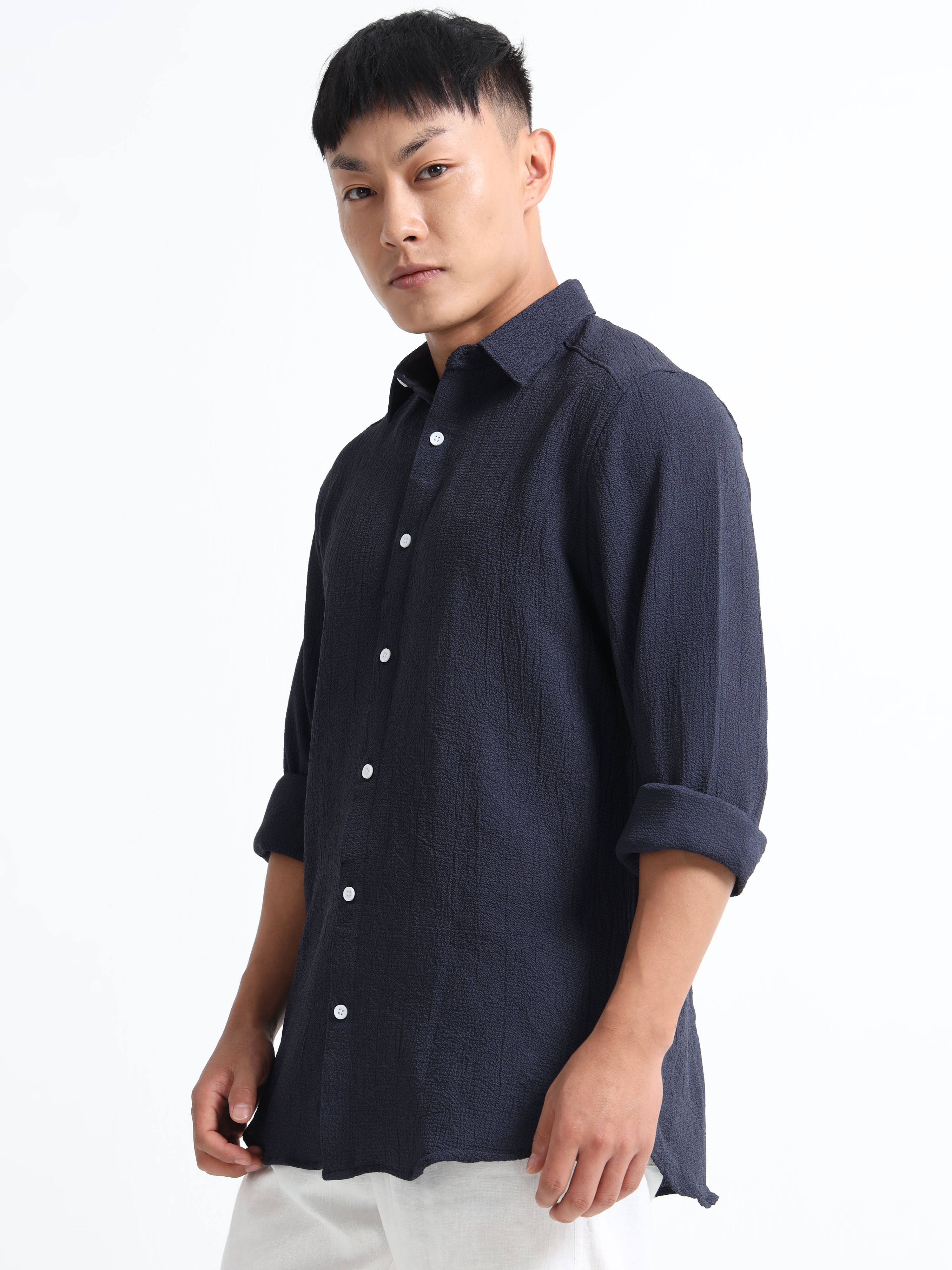 Men’s Navy Blue Textured Casual Button-Down Shirt