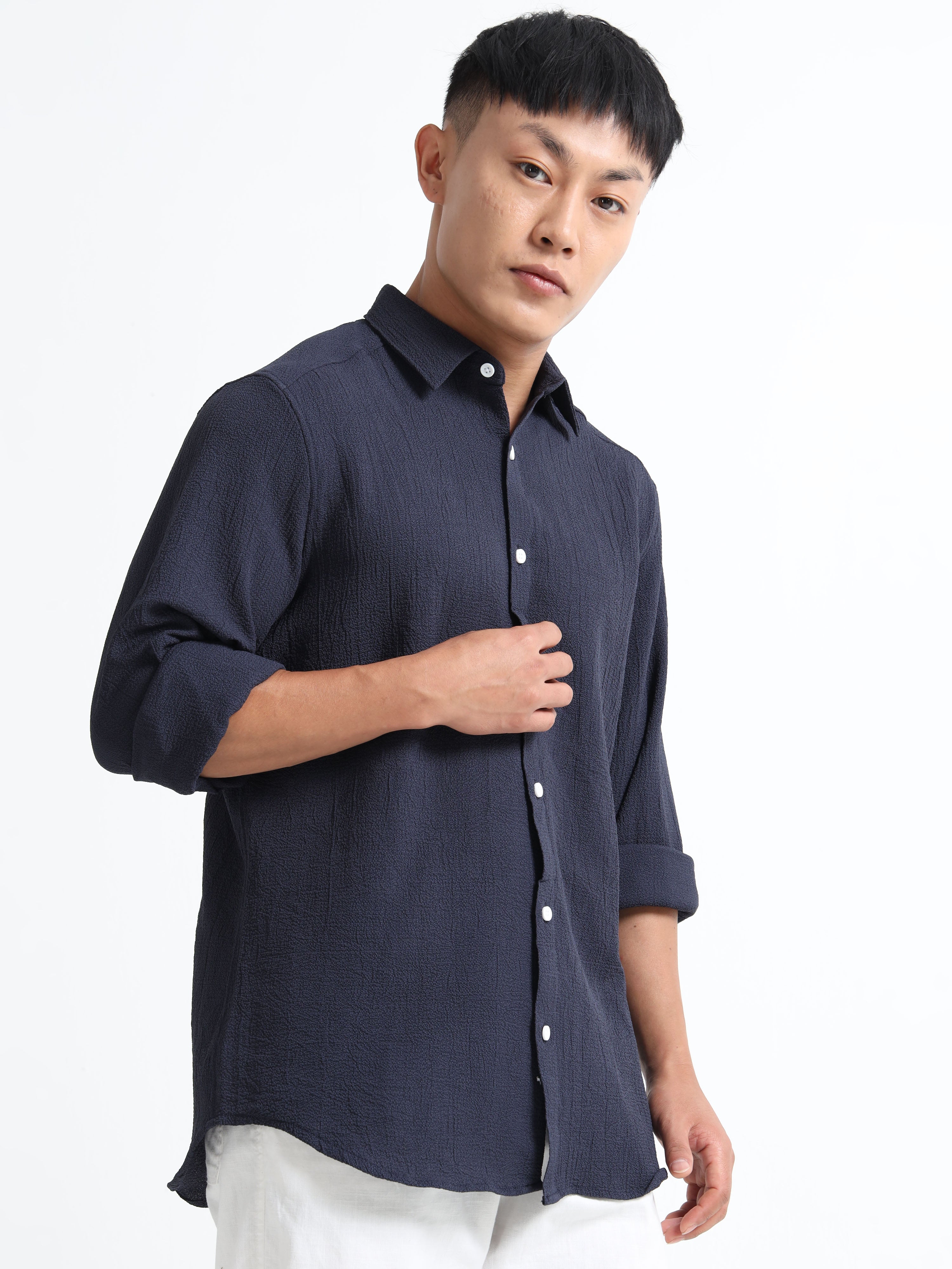 Men’s Navy Blue Textured Casual Button-Down Shirt