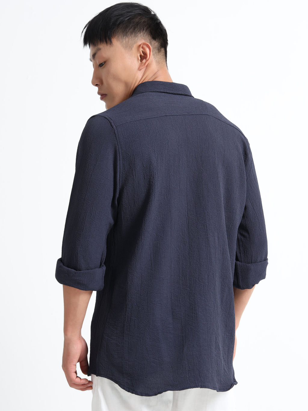 Men’s Navy Blue Textured Casual Button-Down Shirt