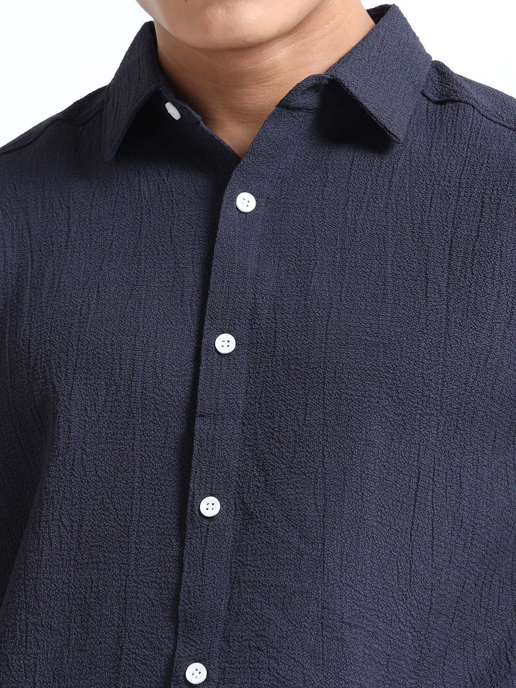 Men’s Navy Blue Textured Casual Button-Down Shirt