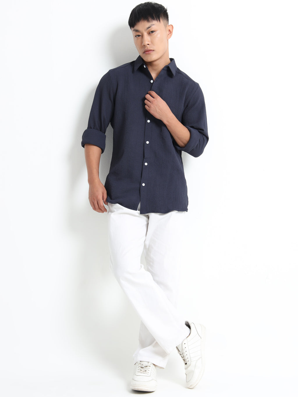 Men’s Navy Blue Textured Casual Button-Down Shirt