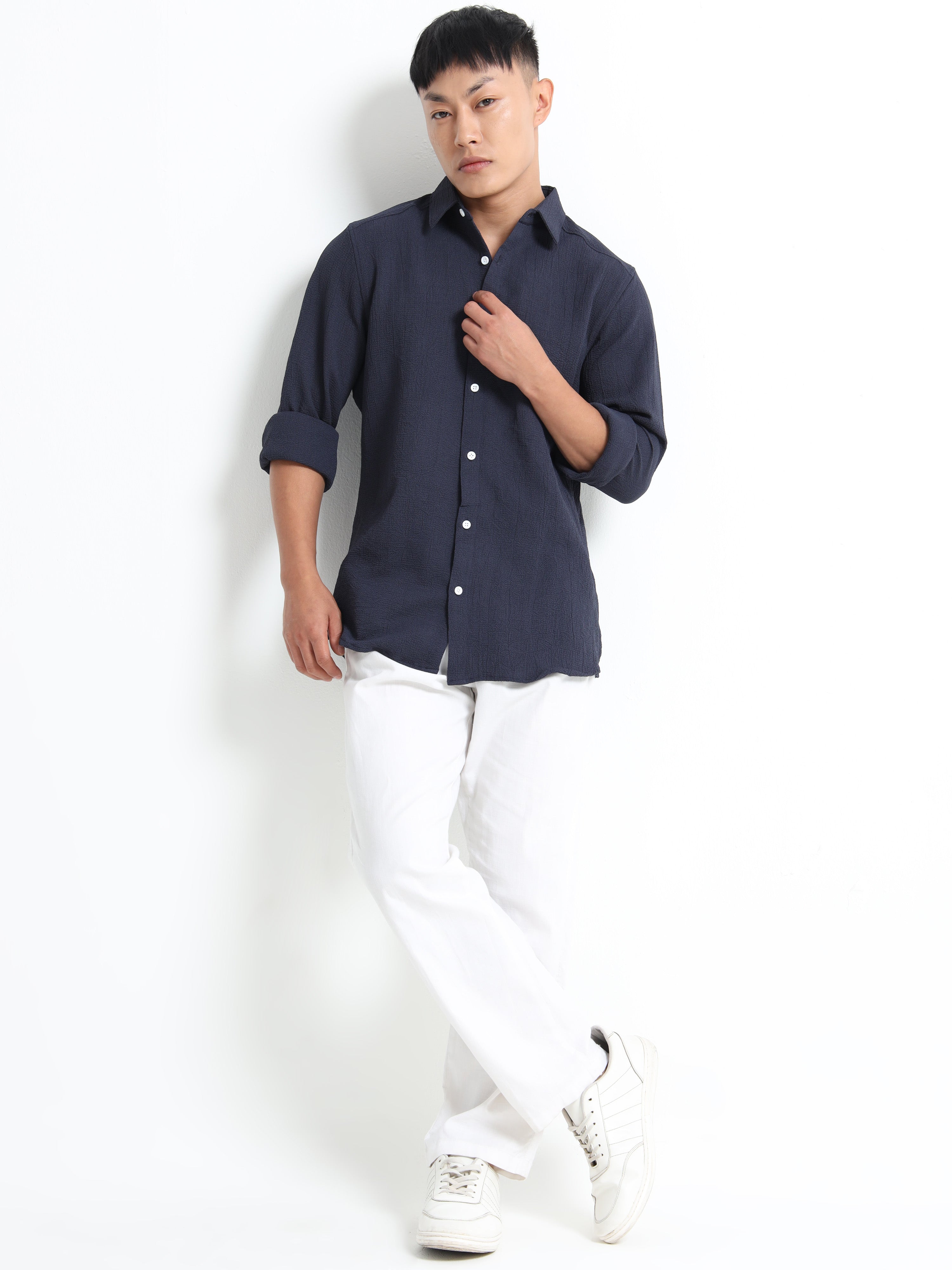 Men’s Navy Blue Textured Casual Button-Down Shirt