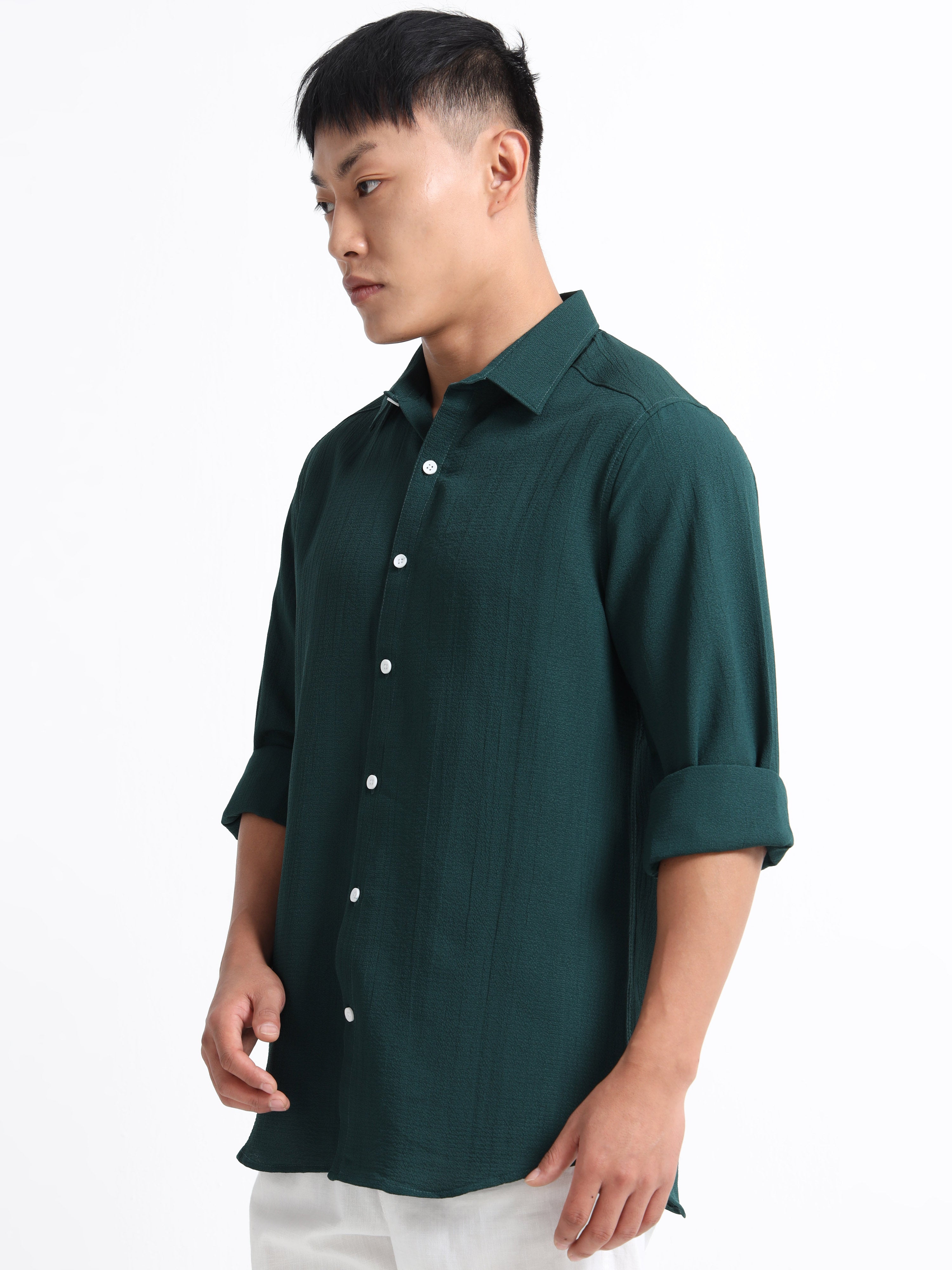Men’s Green Textured Casual Button-Down Shirt
