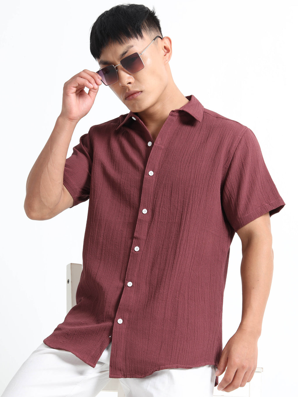 Men's Brown Crinkled Textured Short Sleeve Casual Shirt