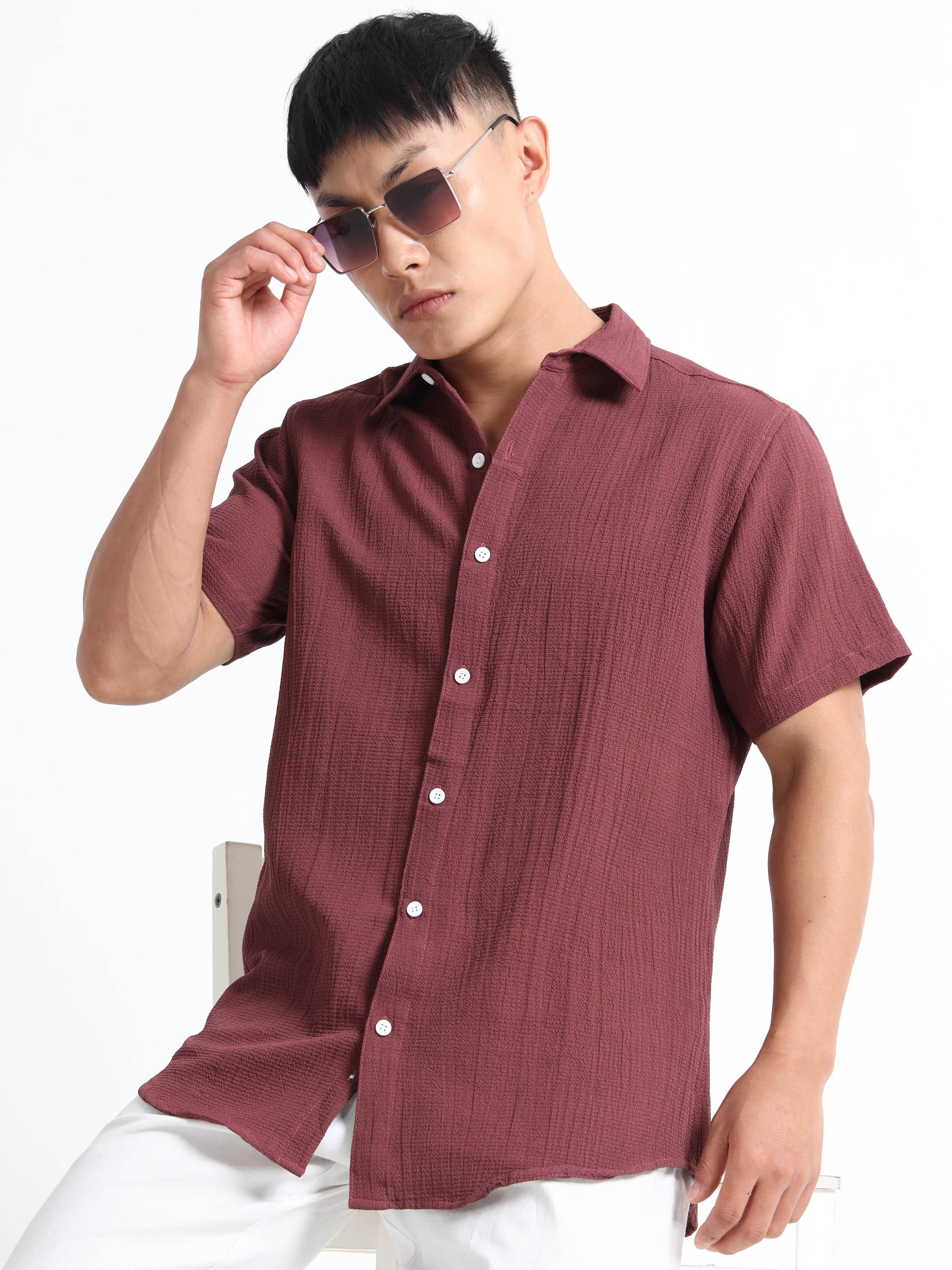 Men's Brown Crinkled Textured Short Sleeve Casual Shirt