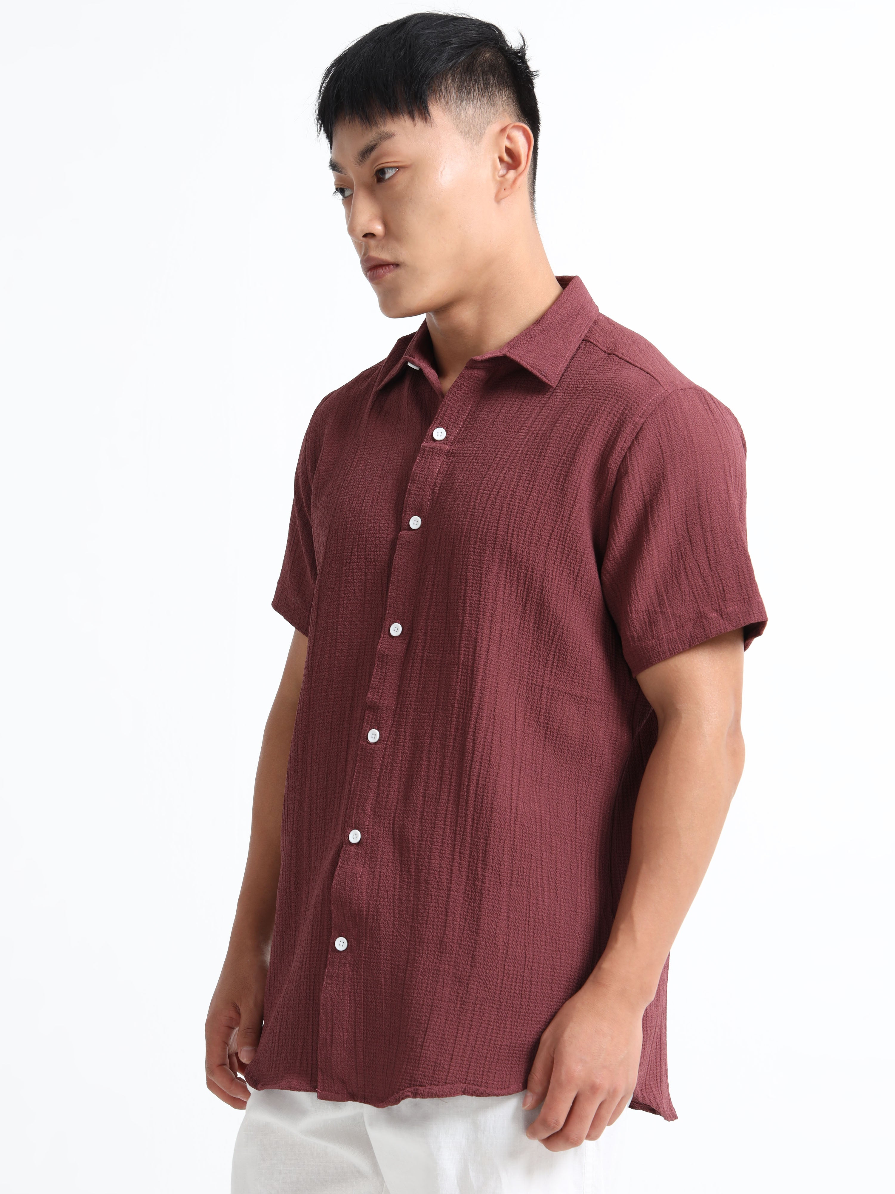 Men's Brown Crinkled Textured Short Sleeve Casual Shirt