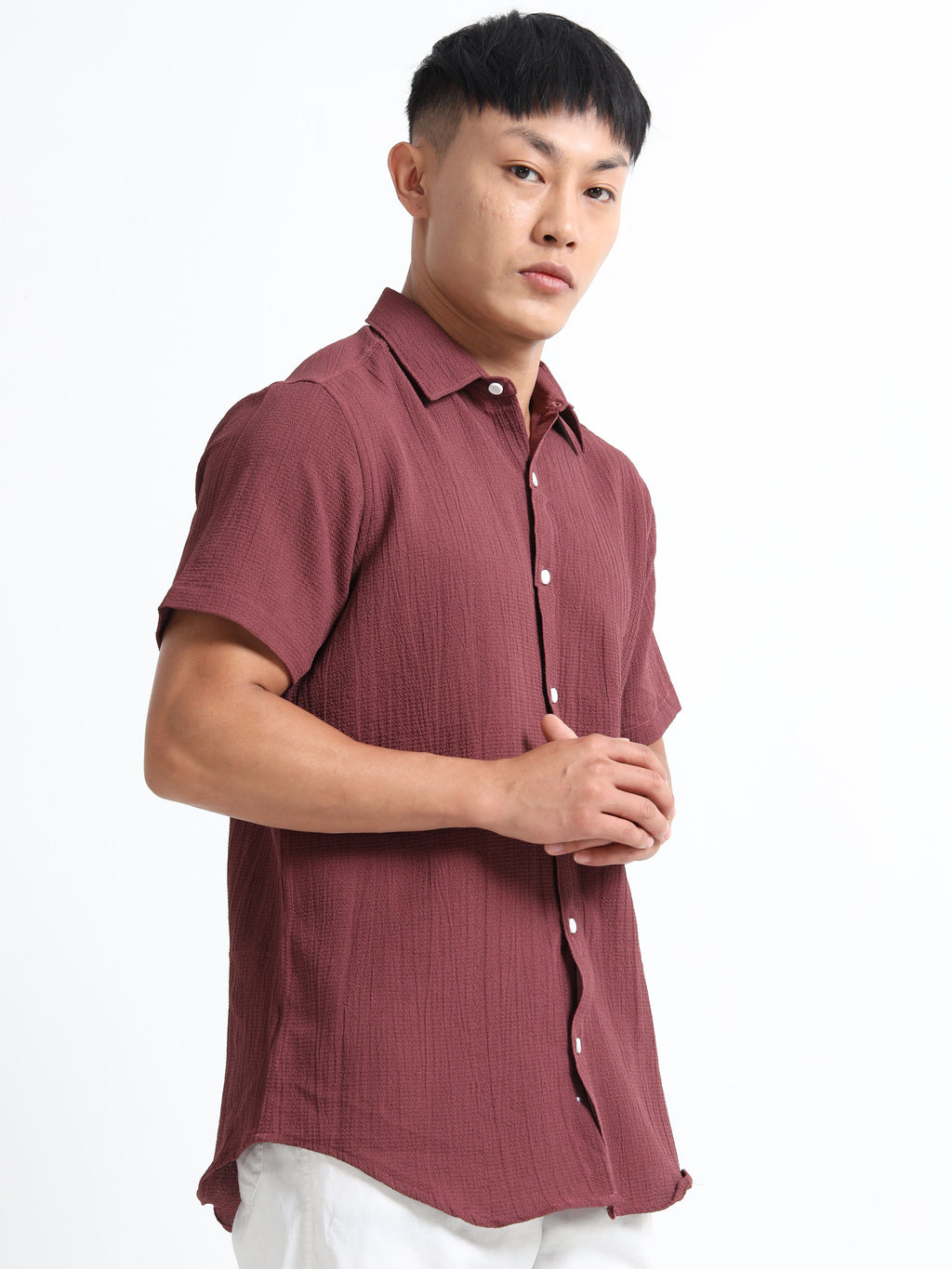 Men's Brown Crinkled Textured Short Sleeve Casual Shirt