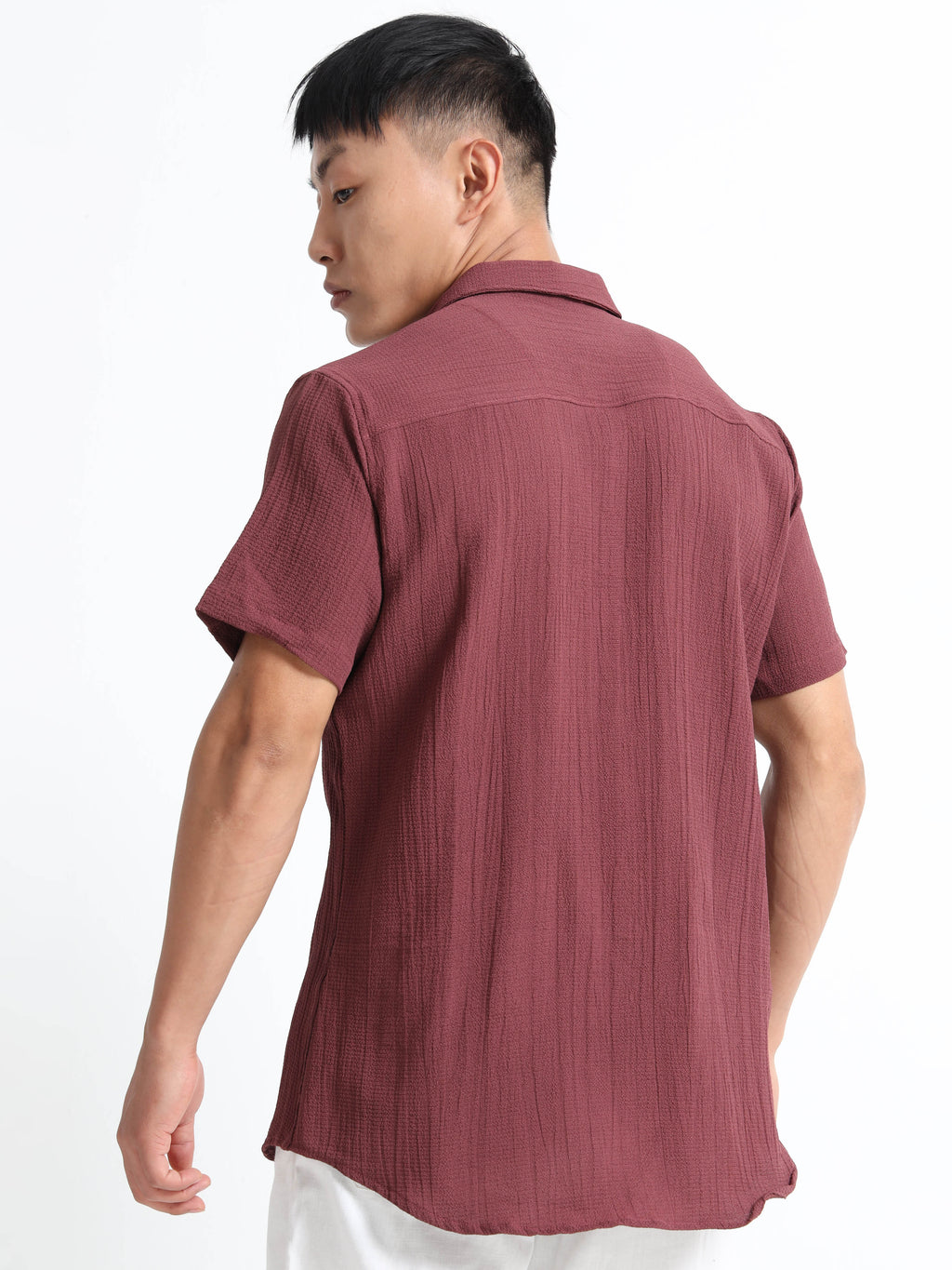 Men's Brown Crinkled Textured Short Sleeve Casual Shirt