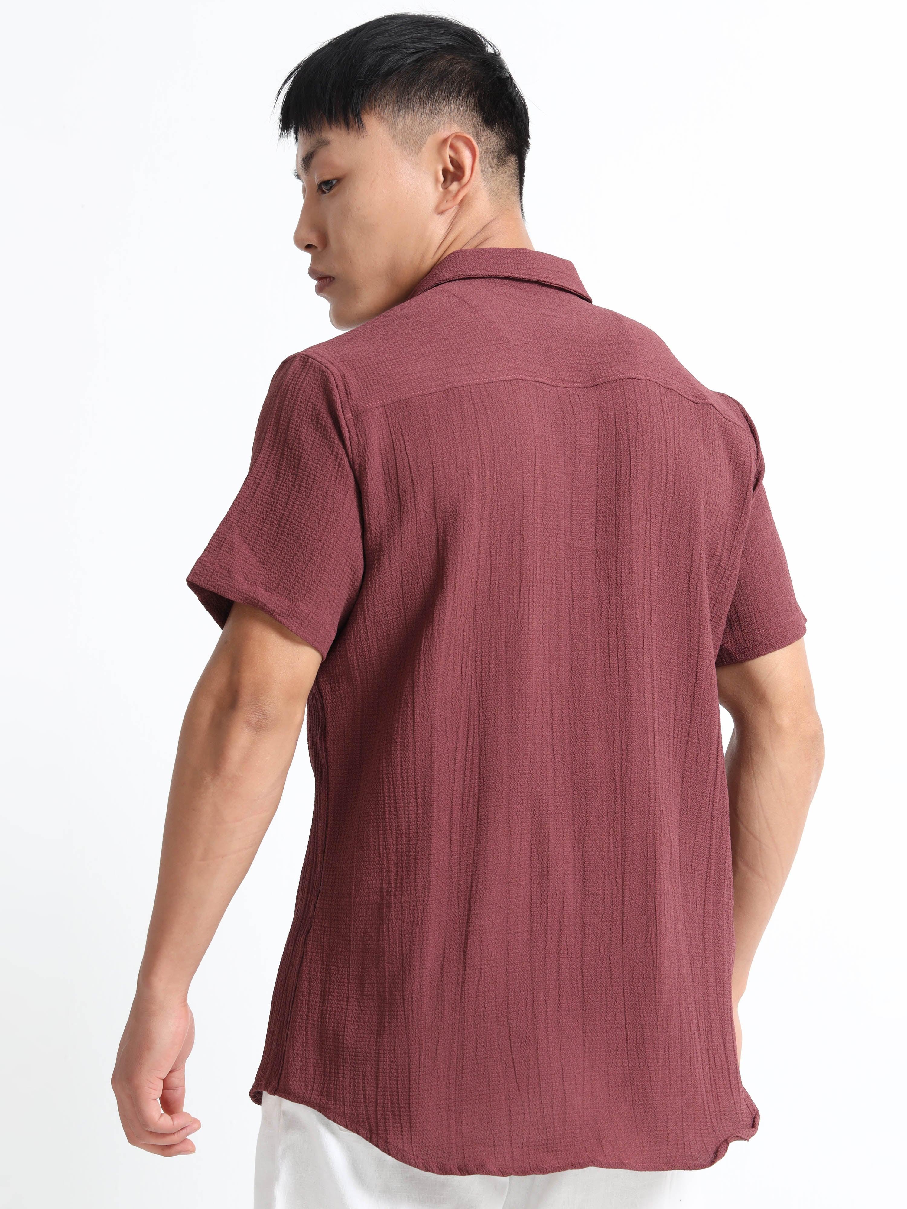 Men's Brown Crinkled Textured Short Sleeve Casual Shirt