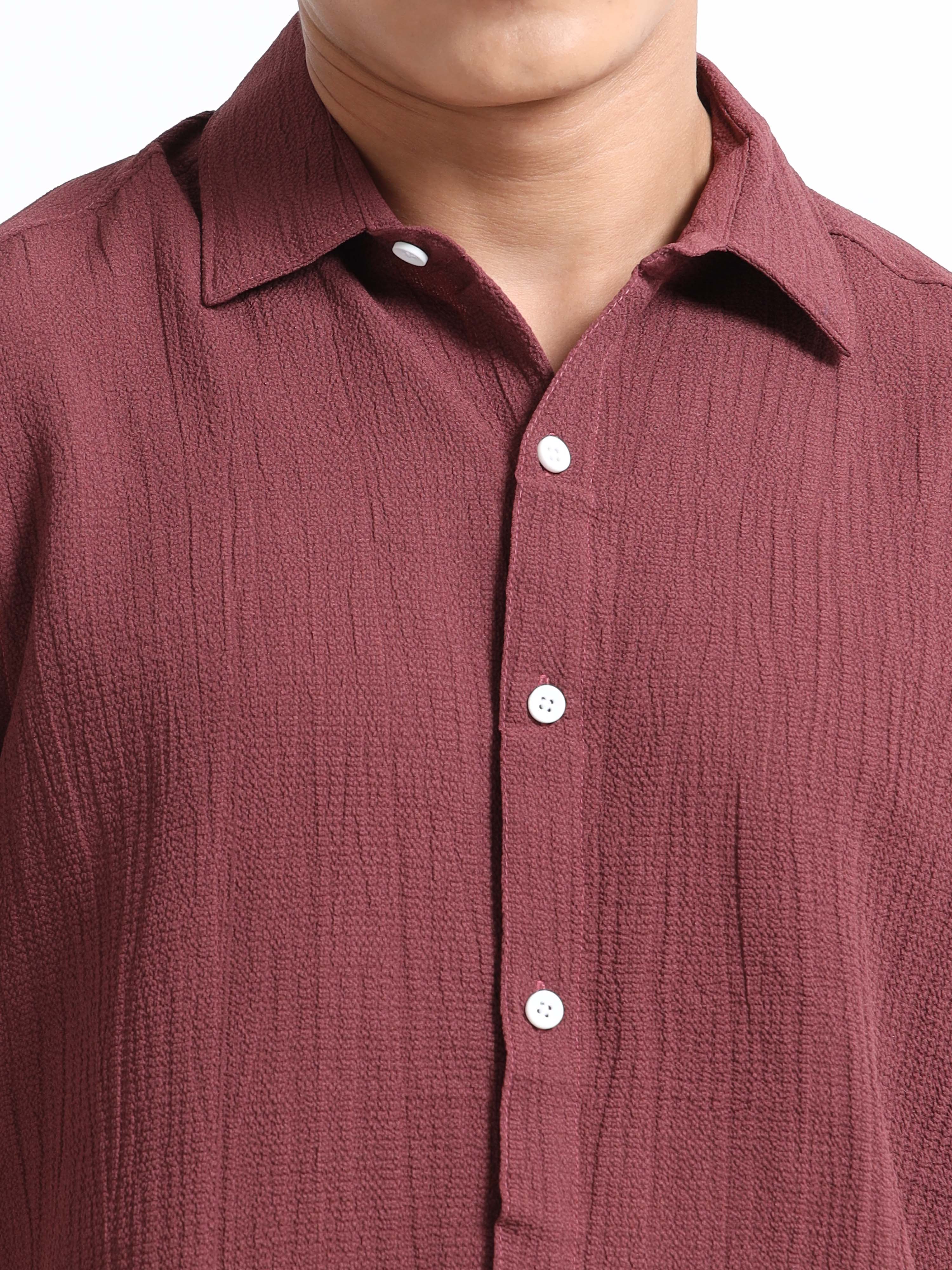 Men's Brown Crinkled Textured Short Sleeve Casual Shirt