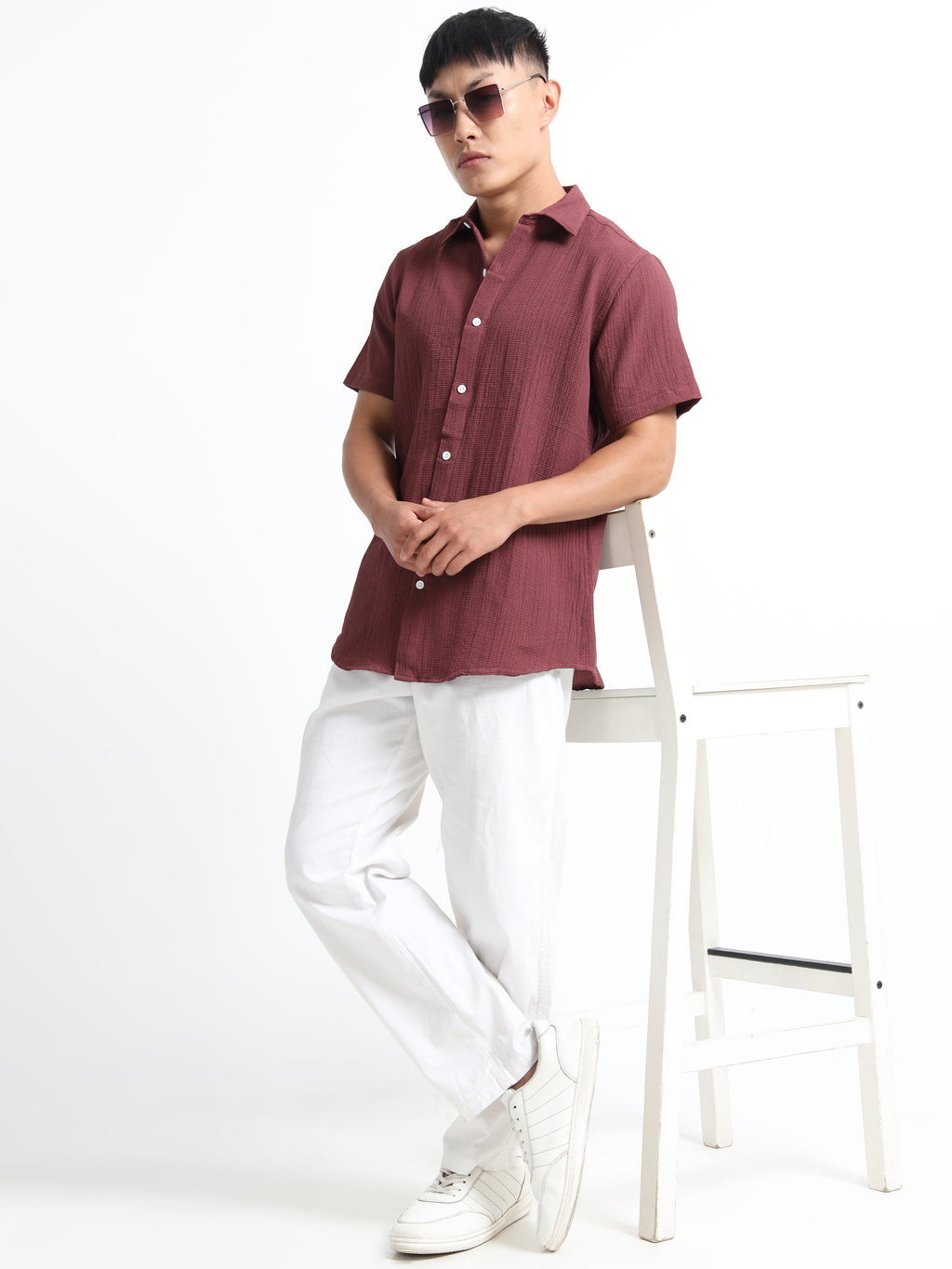 Men's Brown Crinkled Textured Short Sleeve Casual Shirt
