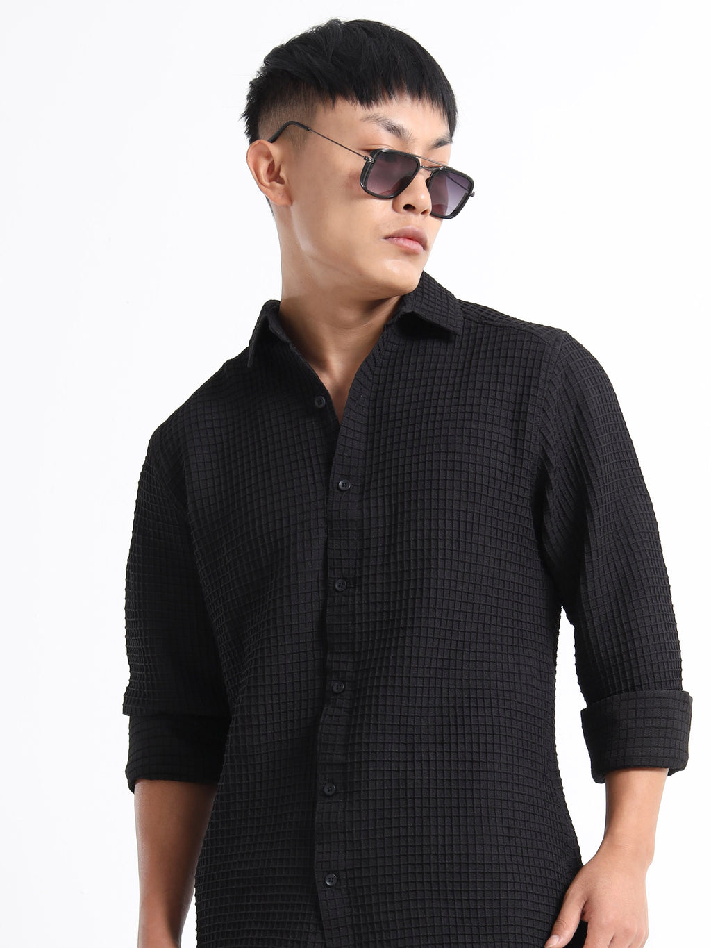 Men’s Black Textured Grid Casual Shirt