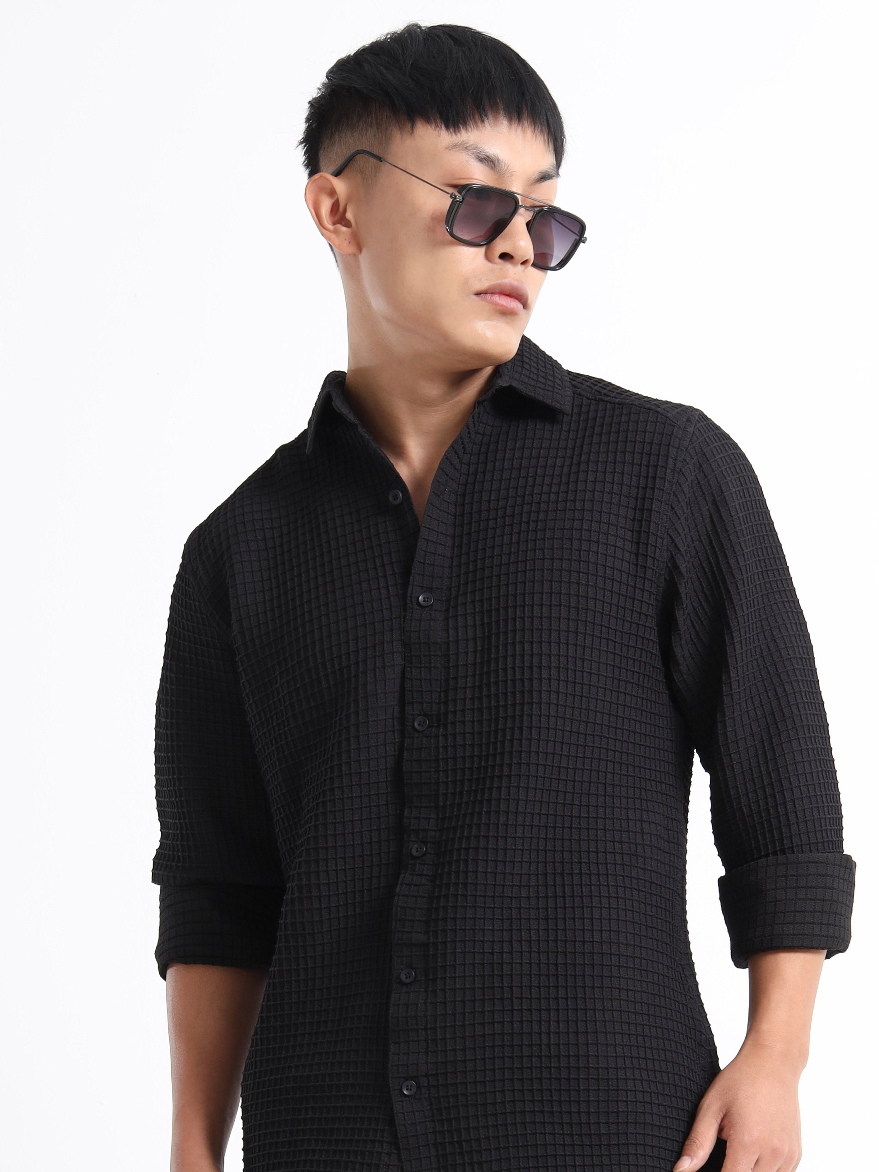 Men’s Black Textured Grid Casual Shirt