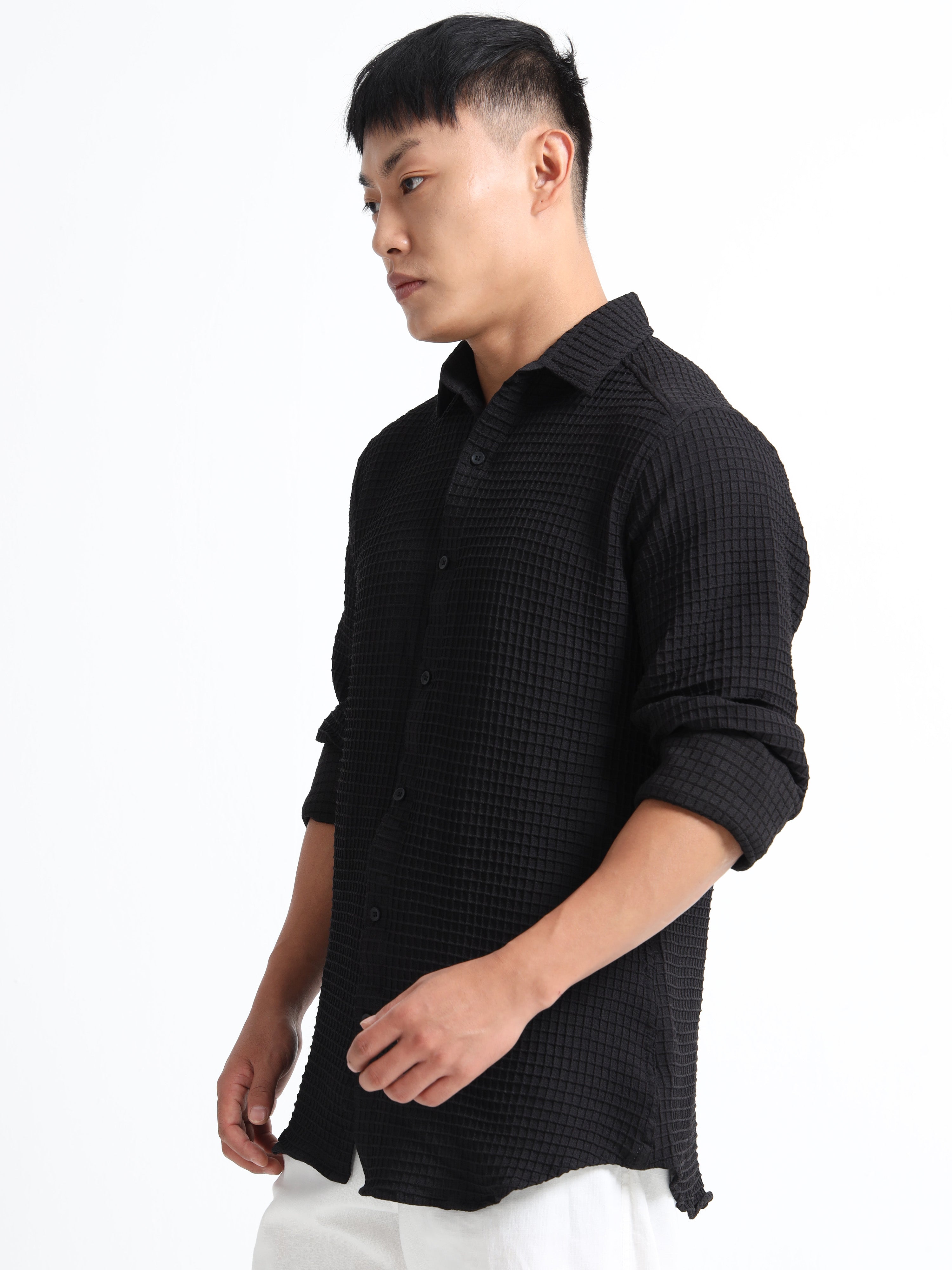 Men’s Black Textured Grid Casual Shirt