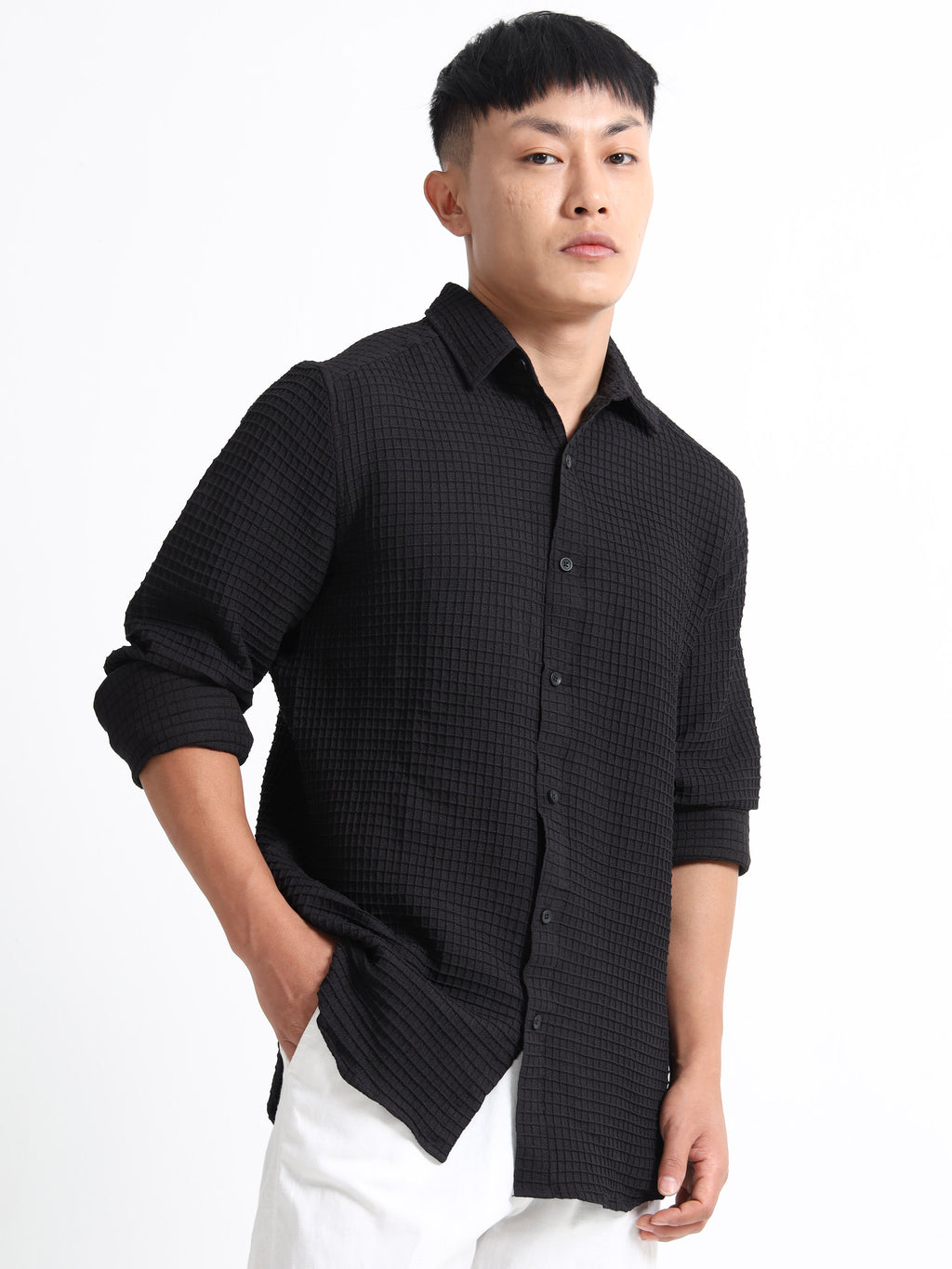 Men’s Black Textured Grid Casual Shirt