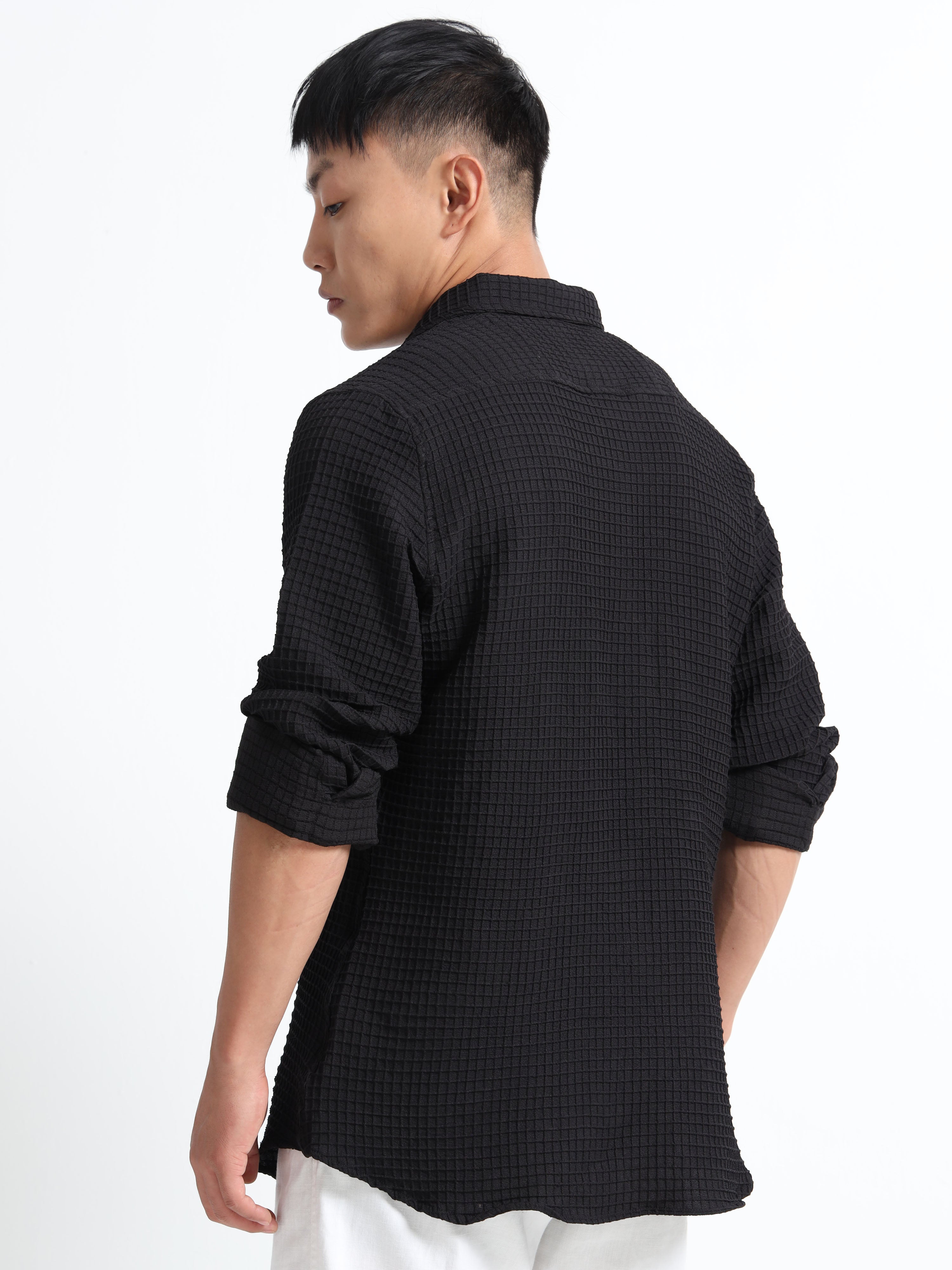 Men’s Black Textured Grid Casual Shirt