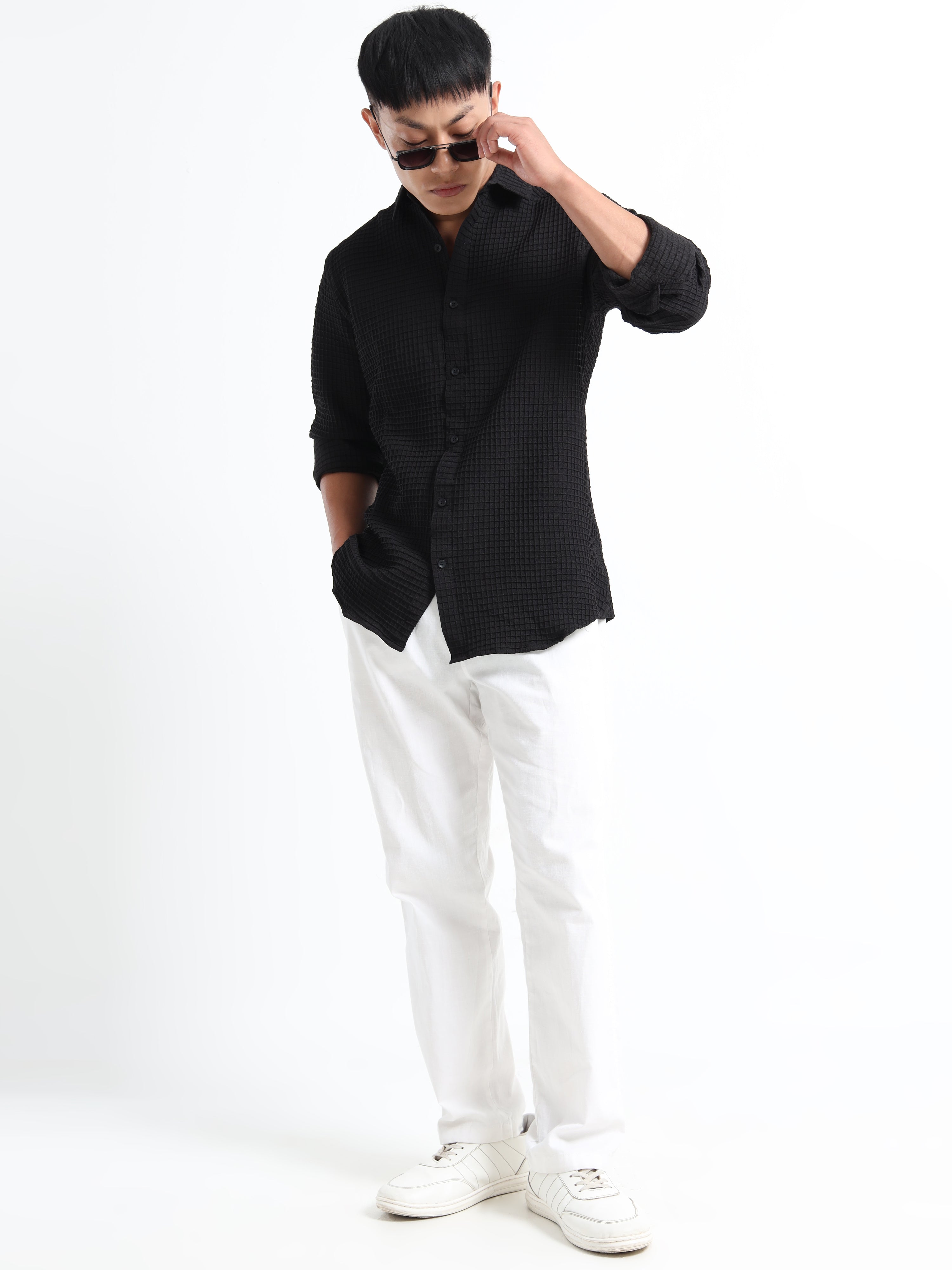 Men’s Black Textured Grid Casual Shirt