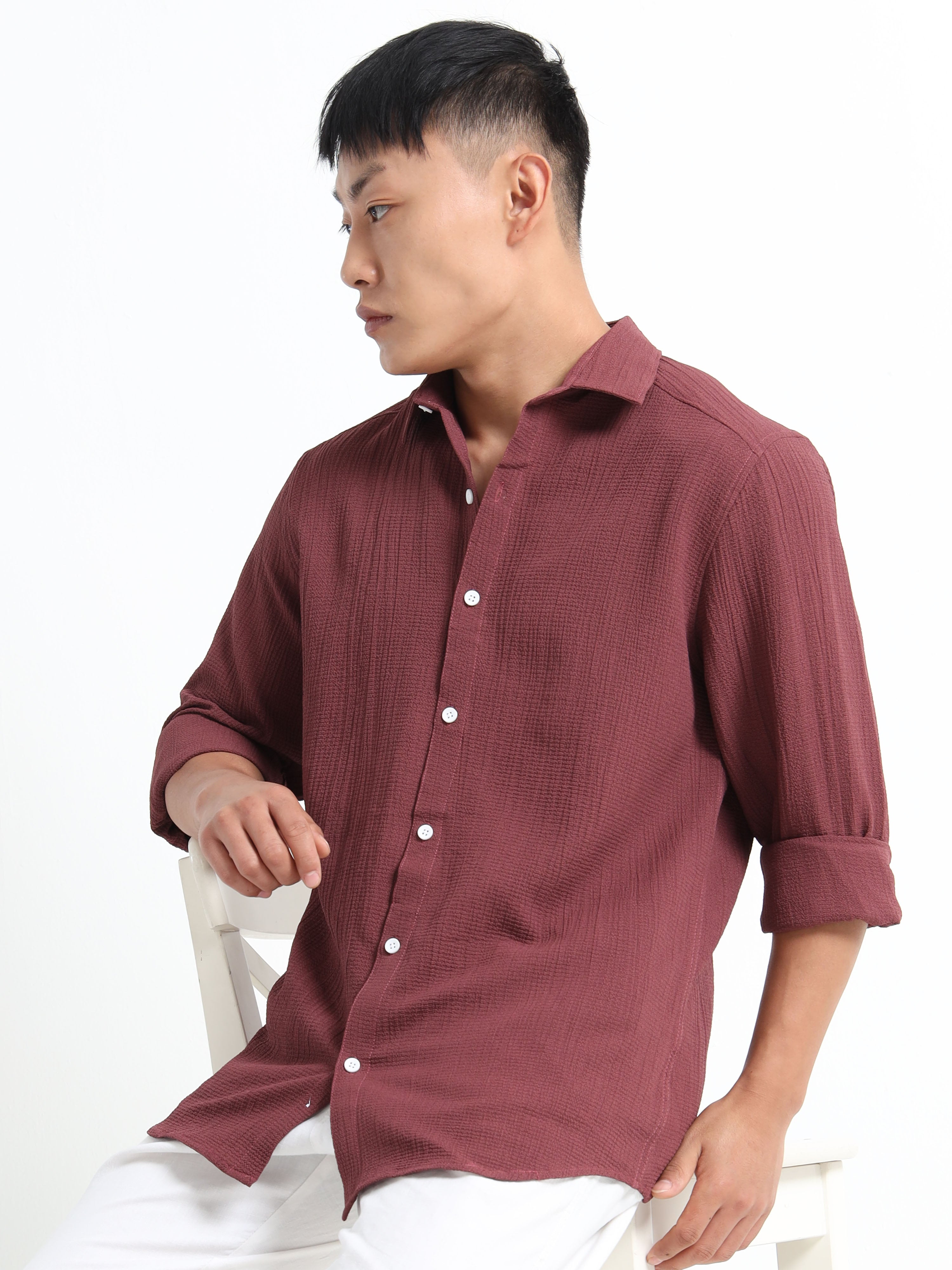 Men’s Brown Textured Casual Button-Down Shirt