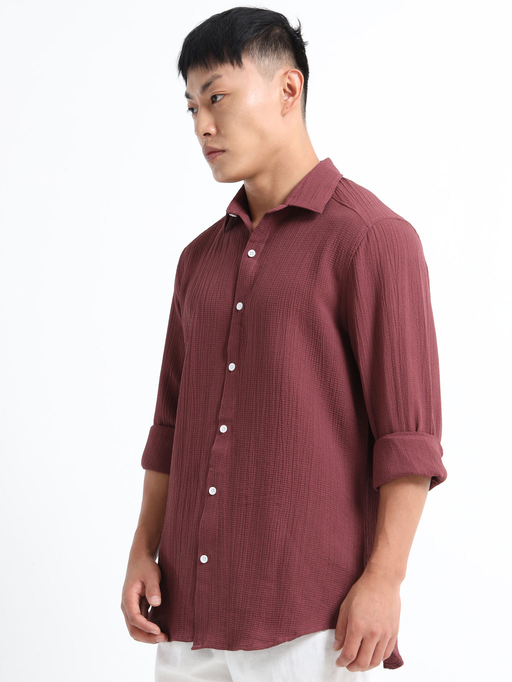 Men’s Brown Textured Casual Button-Down Shirt
