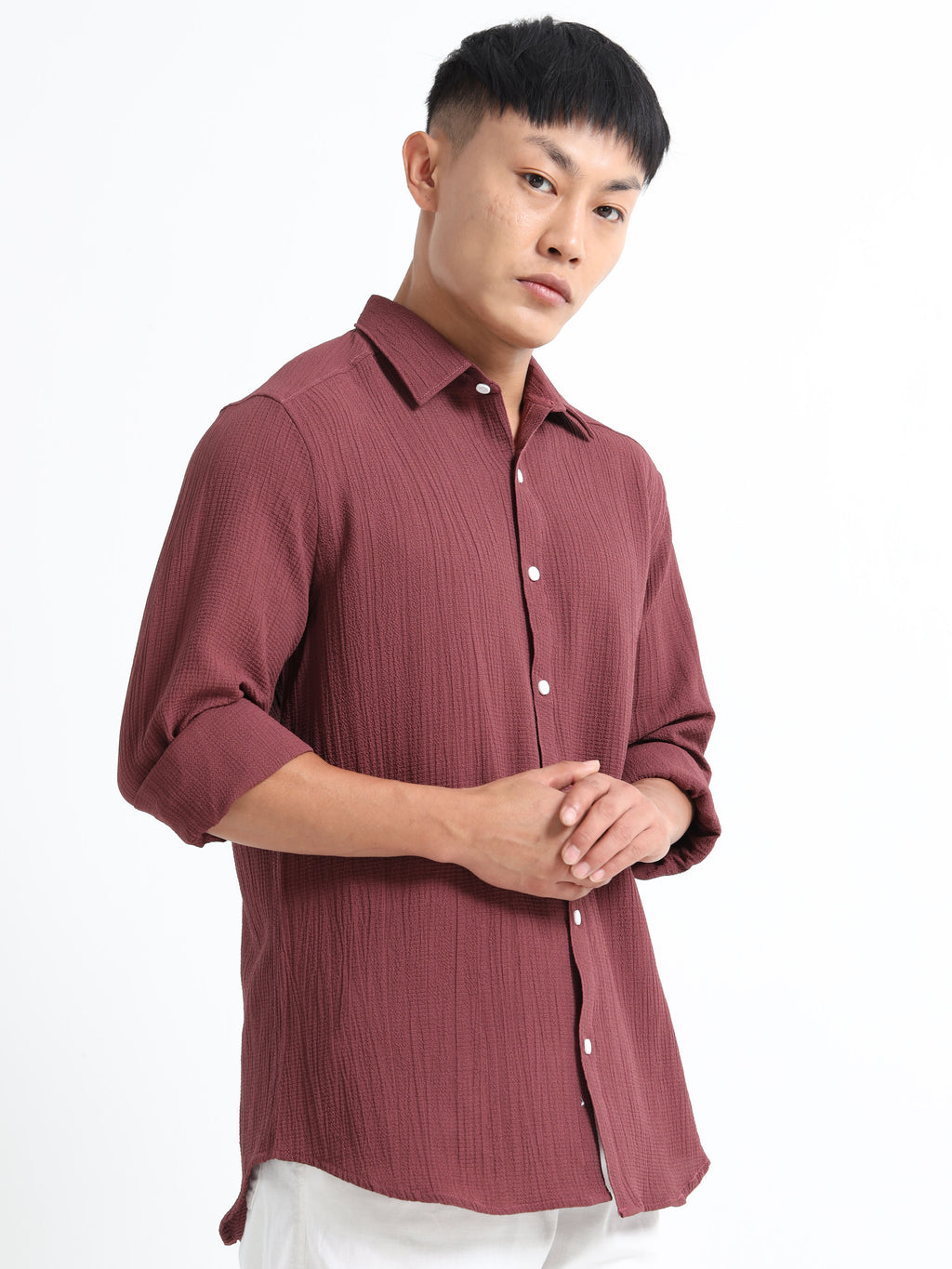 Men’s Brown Textured Casual Button-Down Shirt