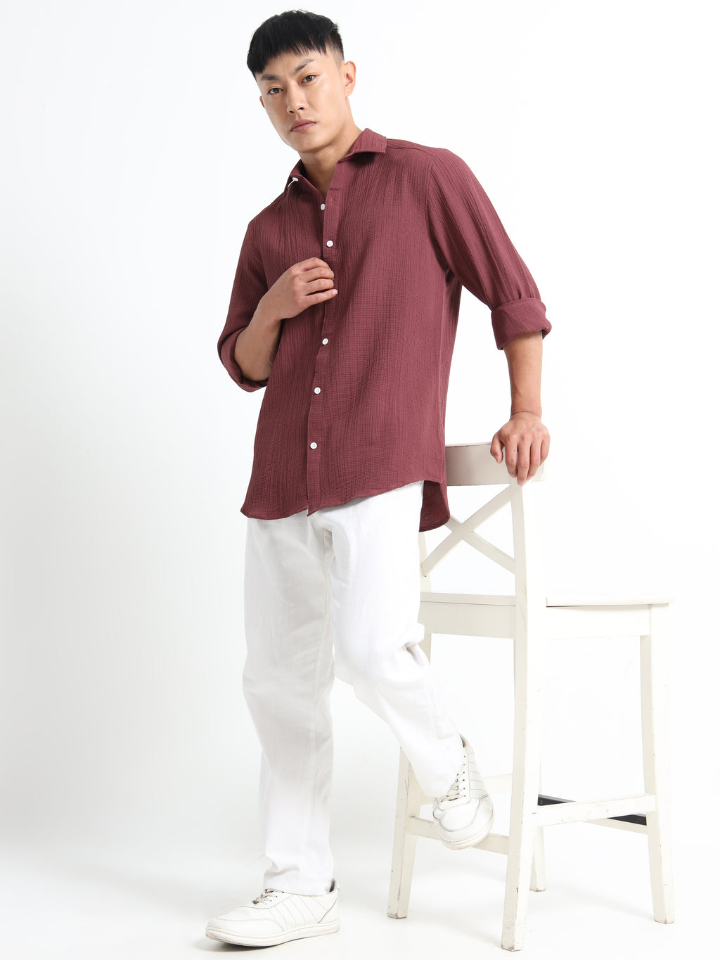 Men’s Brown Textured Casual Button-Down Shirt