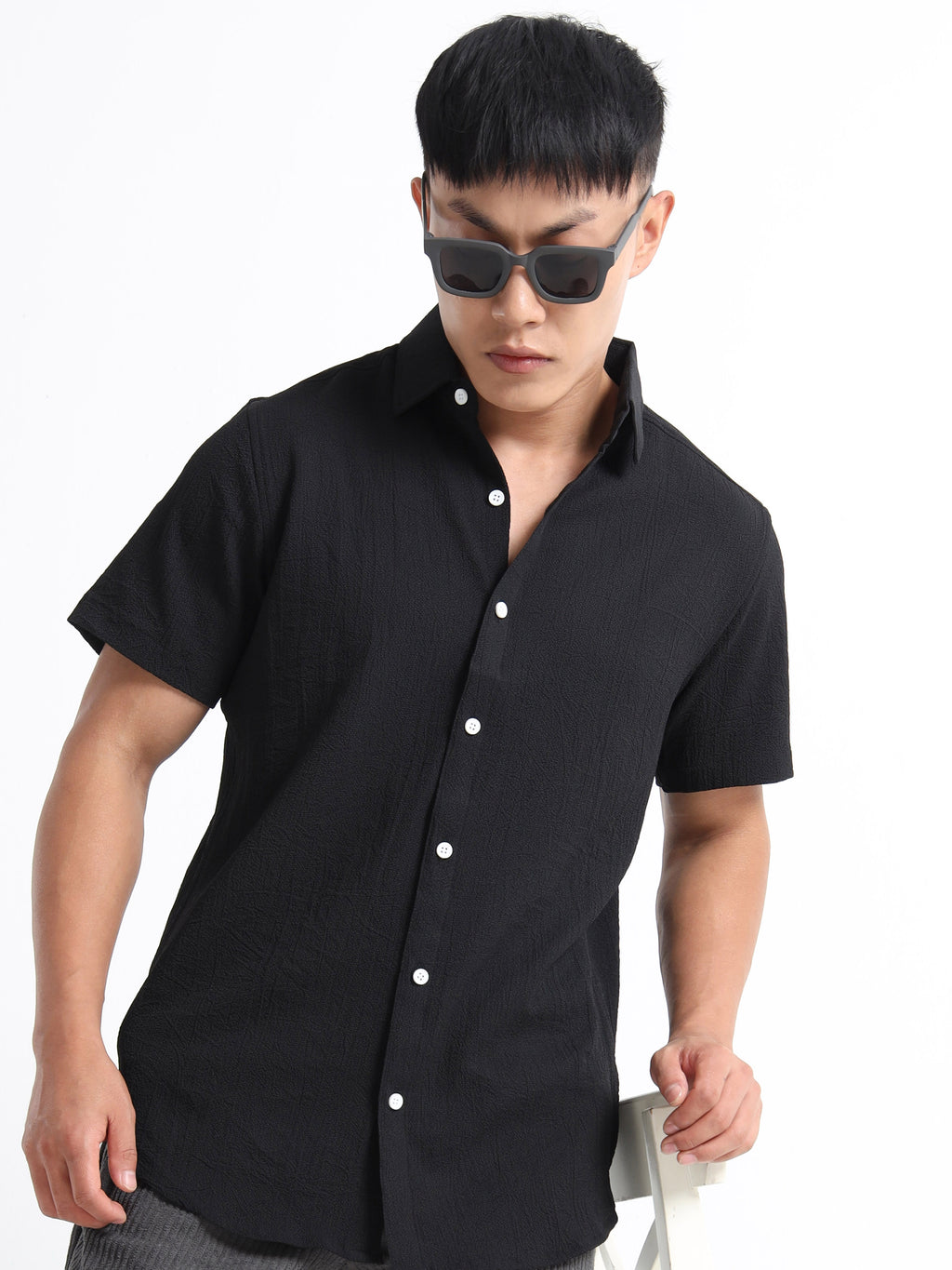 Men's Black Crinkled Textured Short Sleeve Casual Shirt