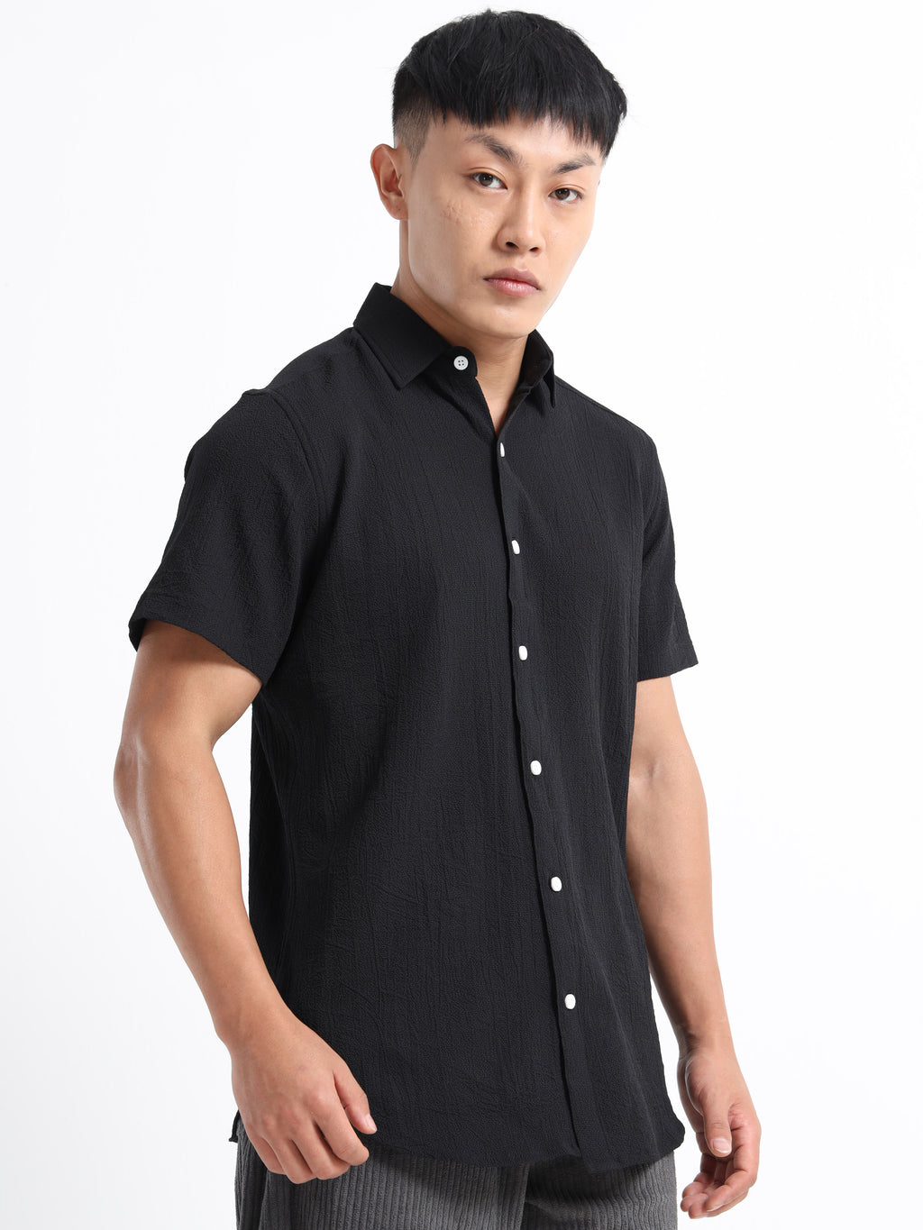 Men's Black Crinkled Textured Short Sleeve Casual Shirt
