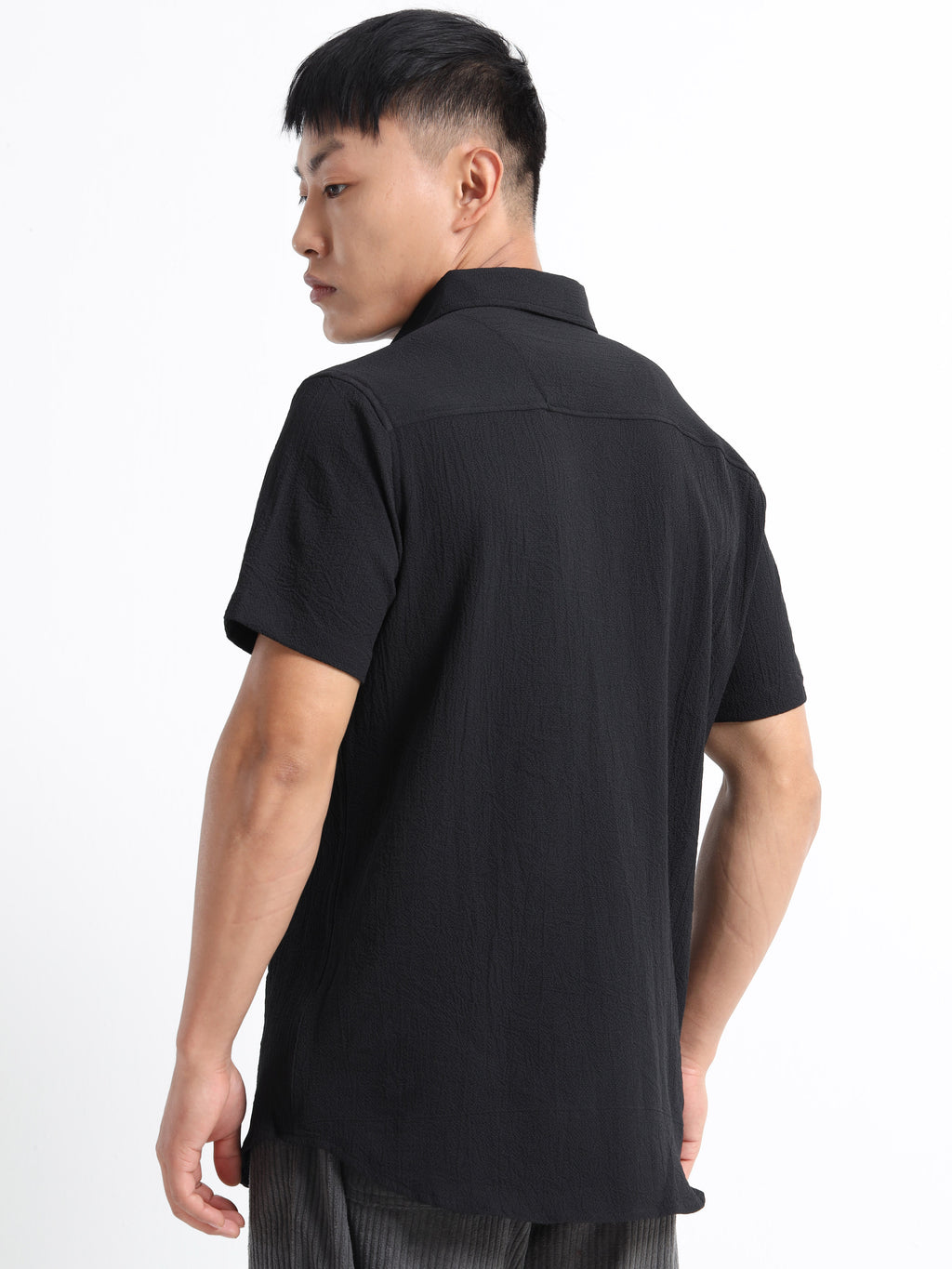 Men's Black Crinkled Textured Short Sleeve Casual Shirt
