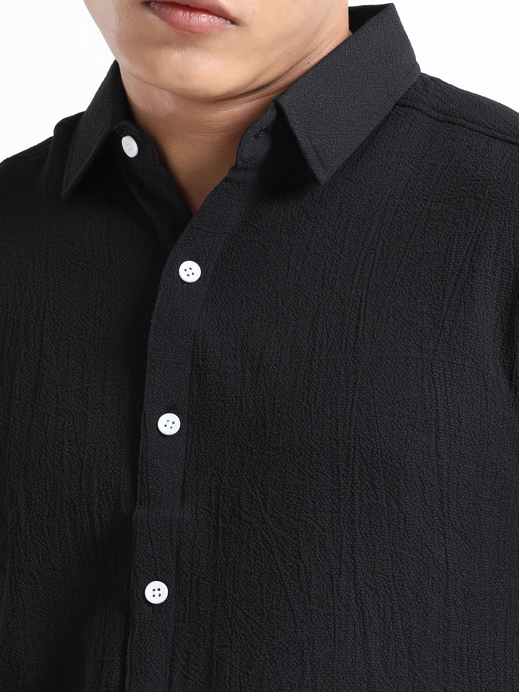 Men's Black Crinkled Textured Short Sleeve Casual Shirt