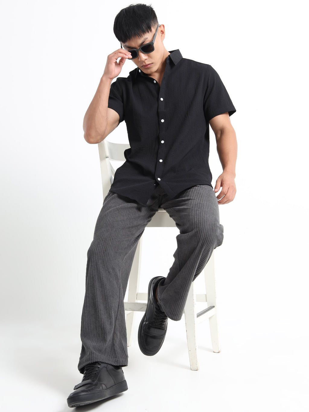 Men's Black Crinkled Textured Short Sleeve Casual Shirt