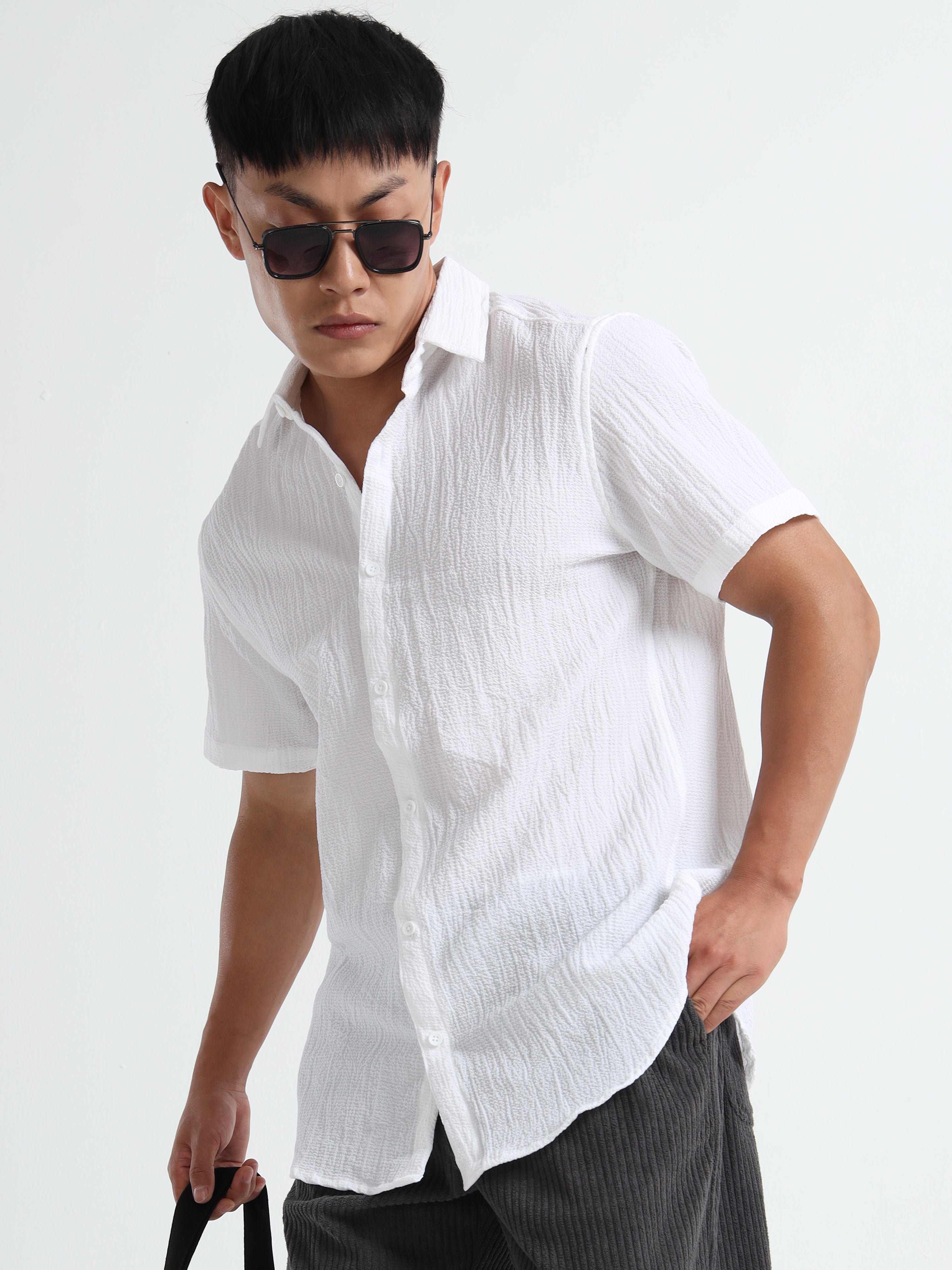 Men's White Crinkled Textured Short Sleeve Casual Shirt