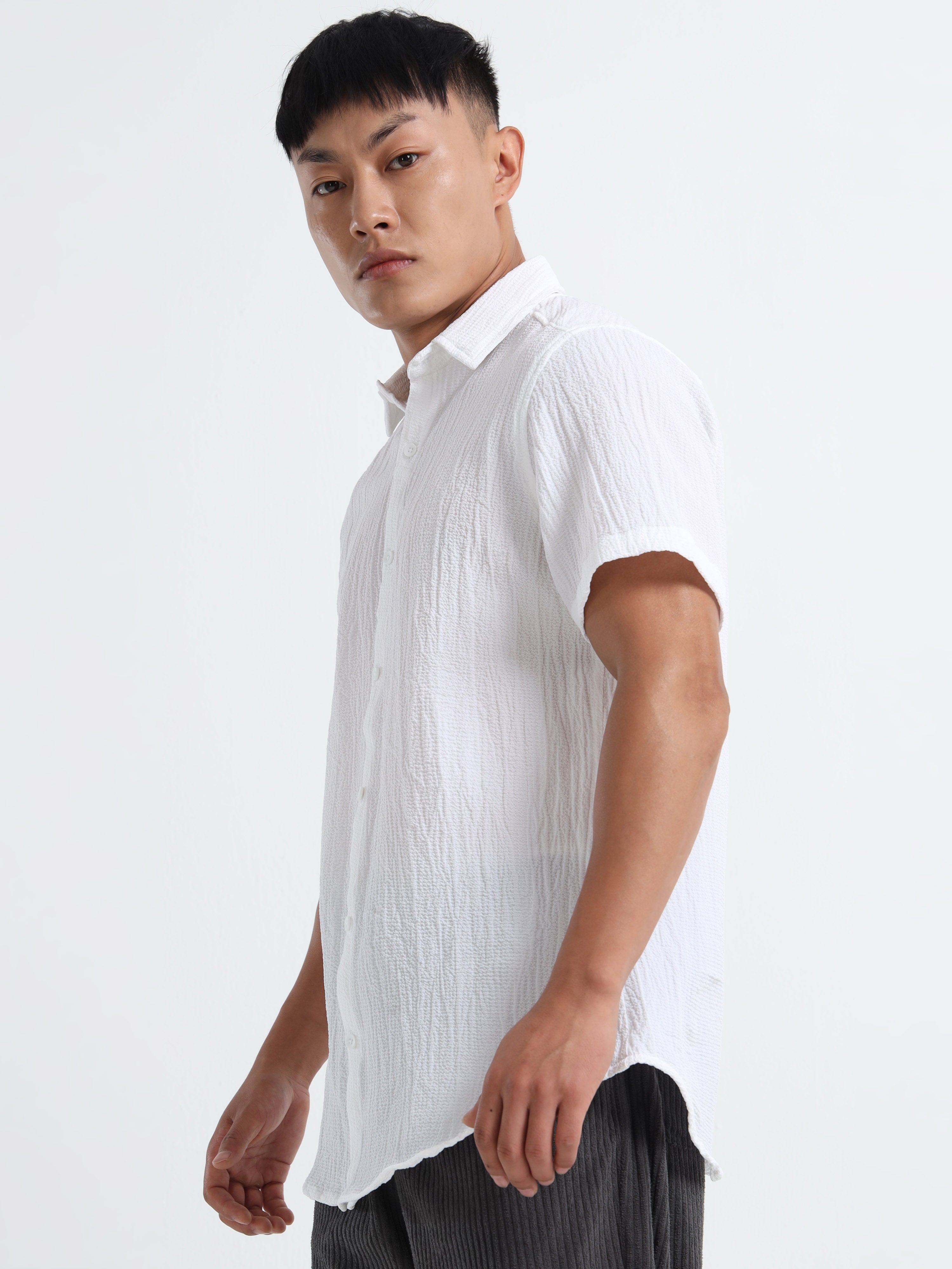 Men's White Crinkled Textured Short Sleeve Casual Shirt