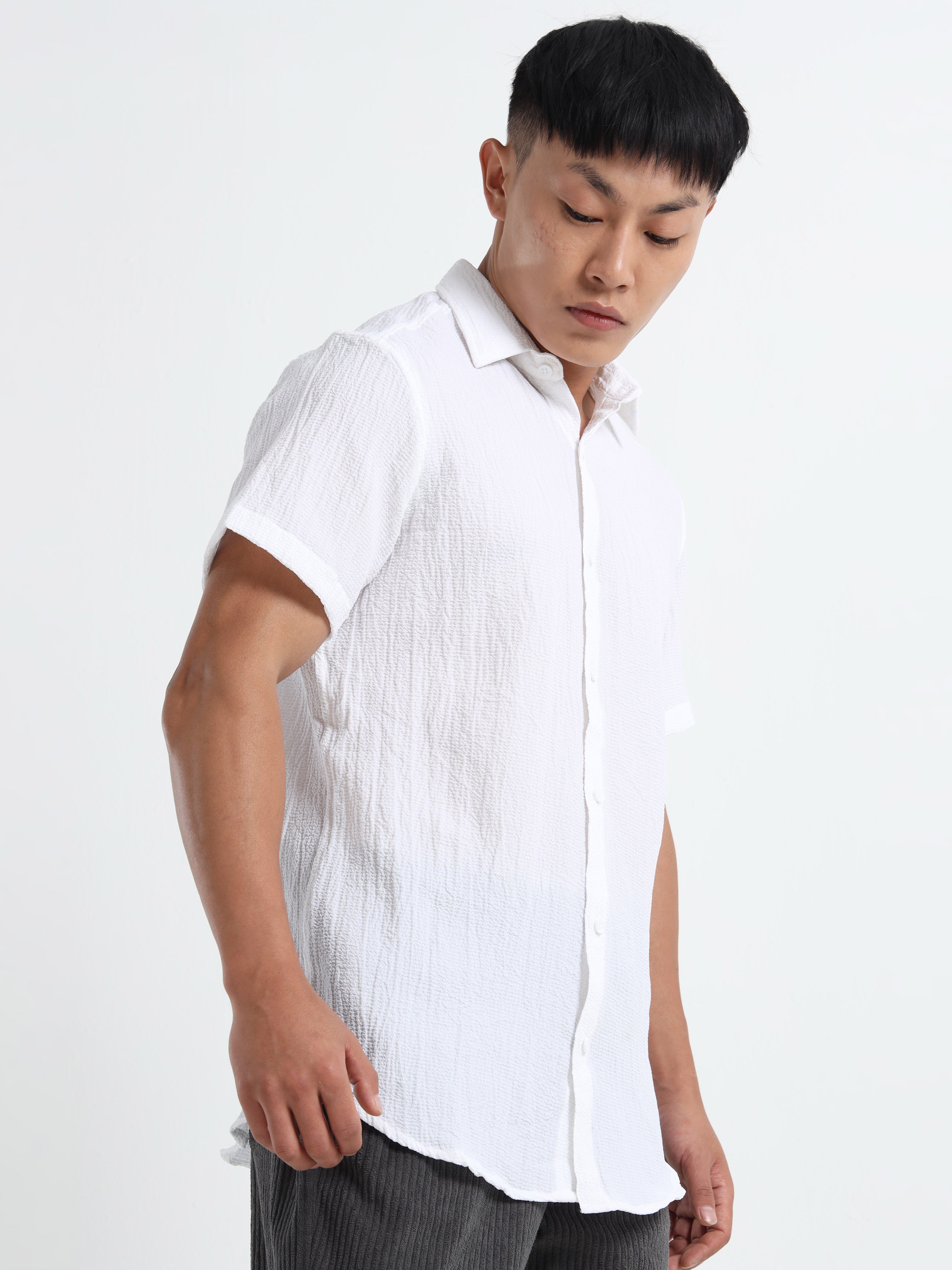 Men's White Crinkled Textured Short Sleeve Casual Shirt