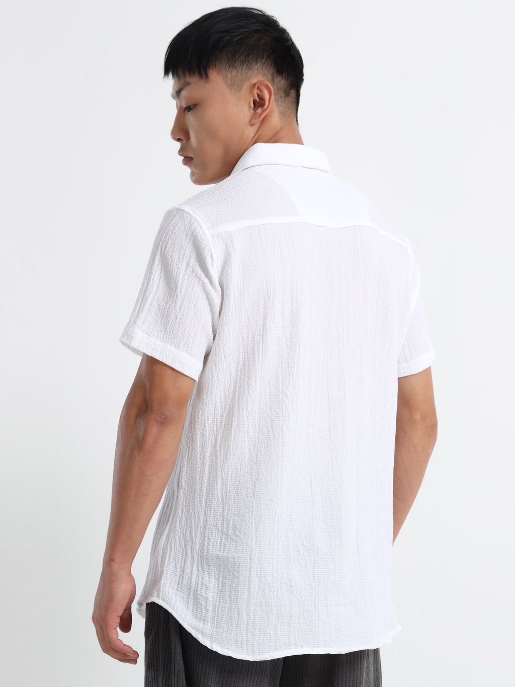 Men's White Crinkled Textured Short Sleeve Casual Shirt