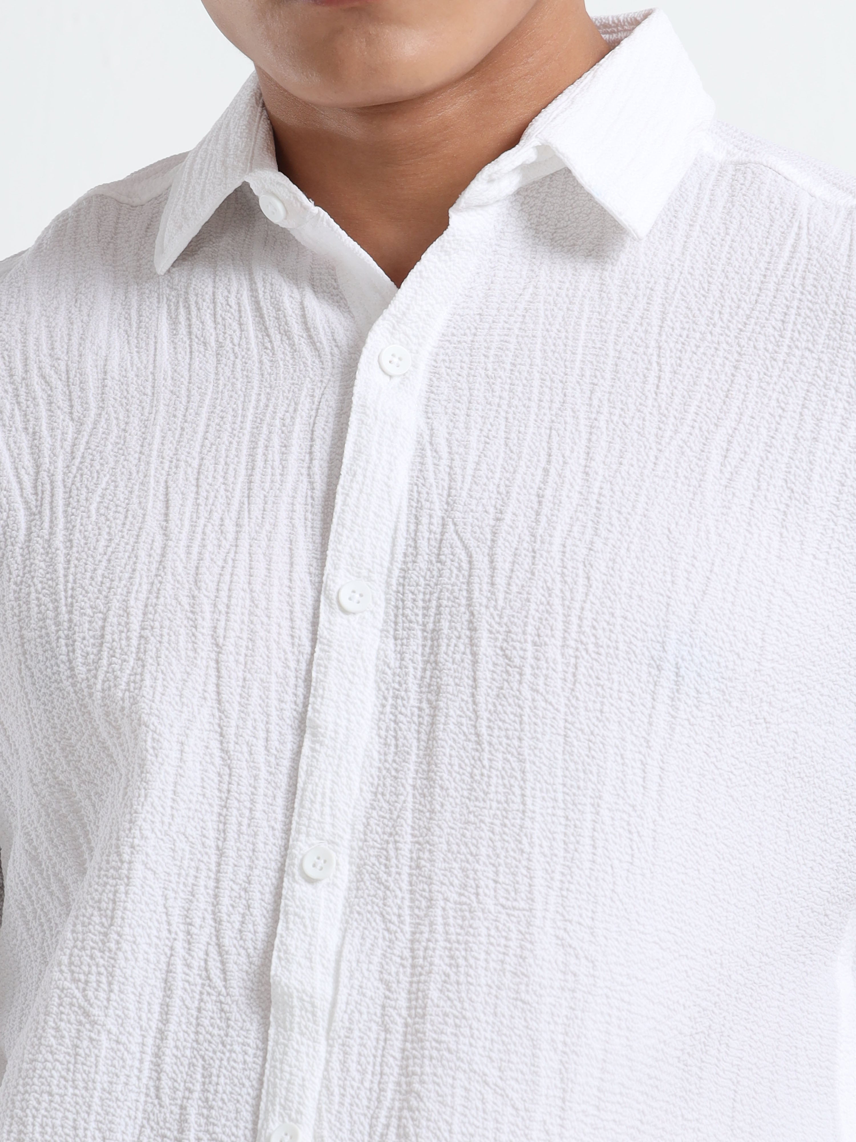 Men's White Crinkled Textured Short Sleeve Casual Shirt