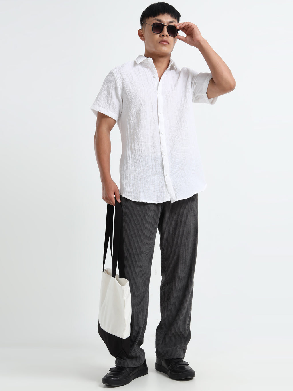 Men's White Crinkled Textured Short Sleeve Casual Shirt