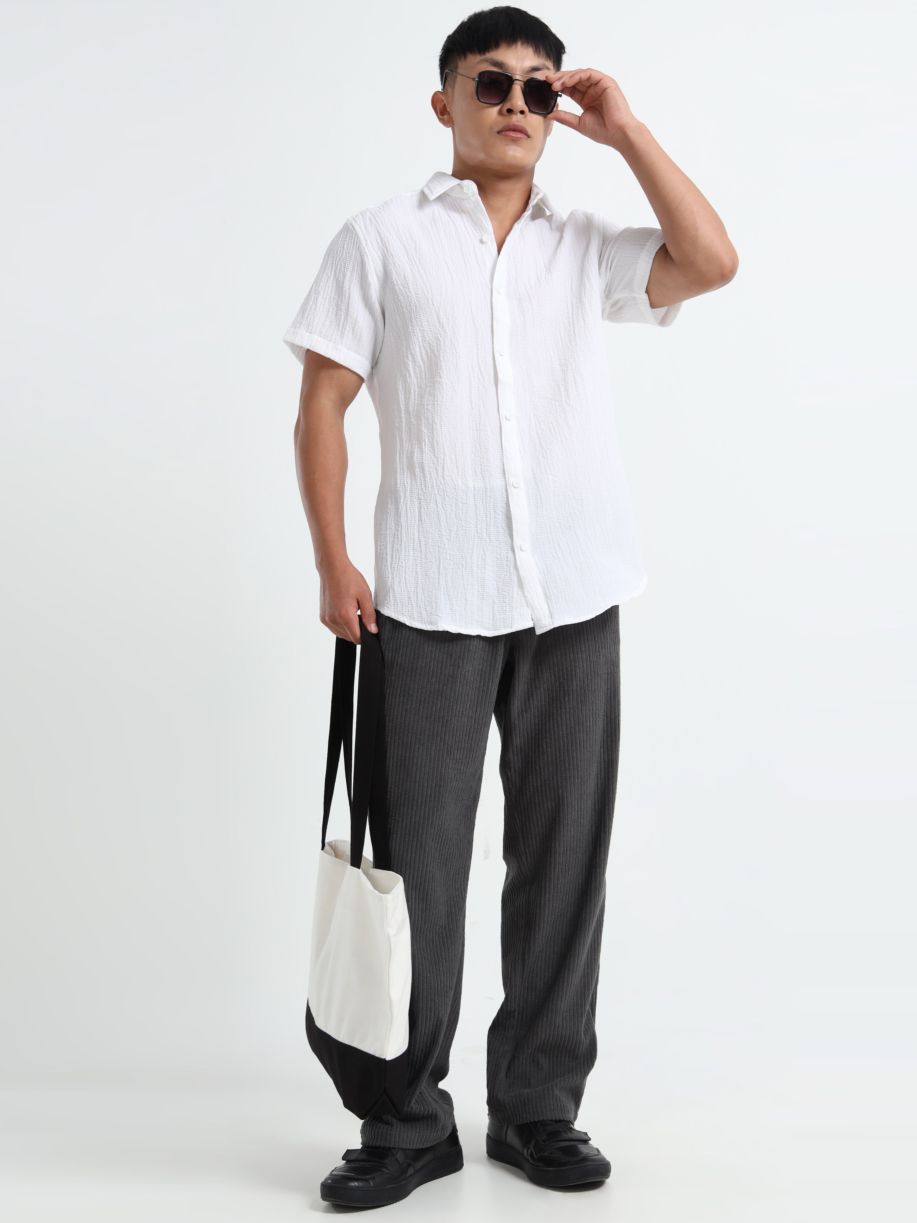 Men's White Crinkled Textured Short Sleeve Casual Shirt