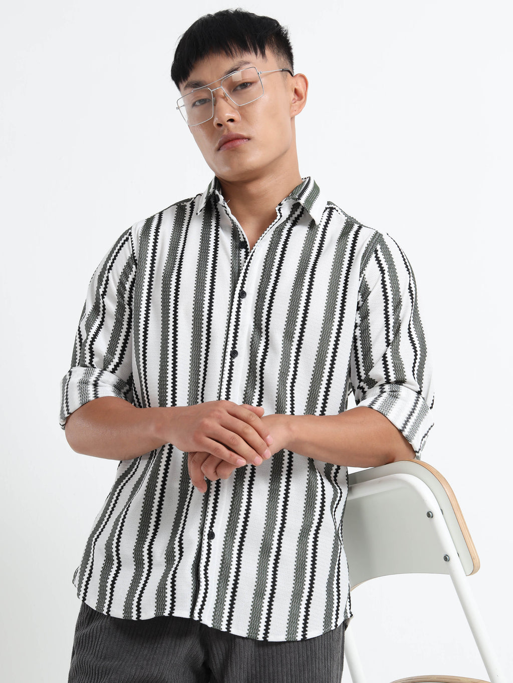Men’s Black-White Striped Textured Shirt