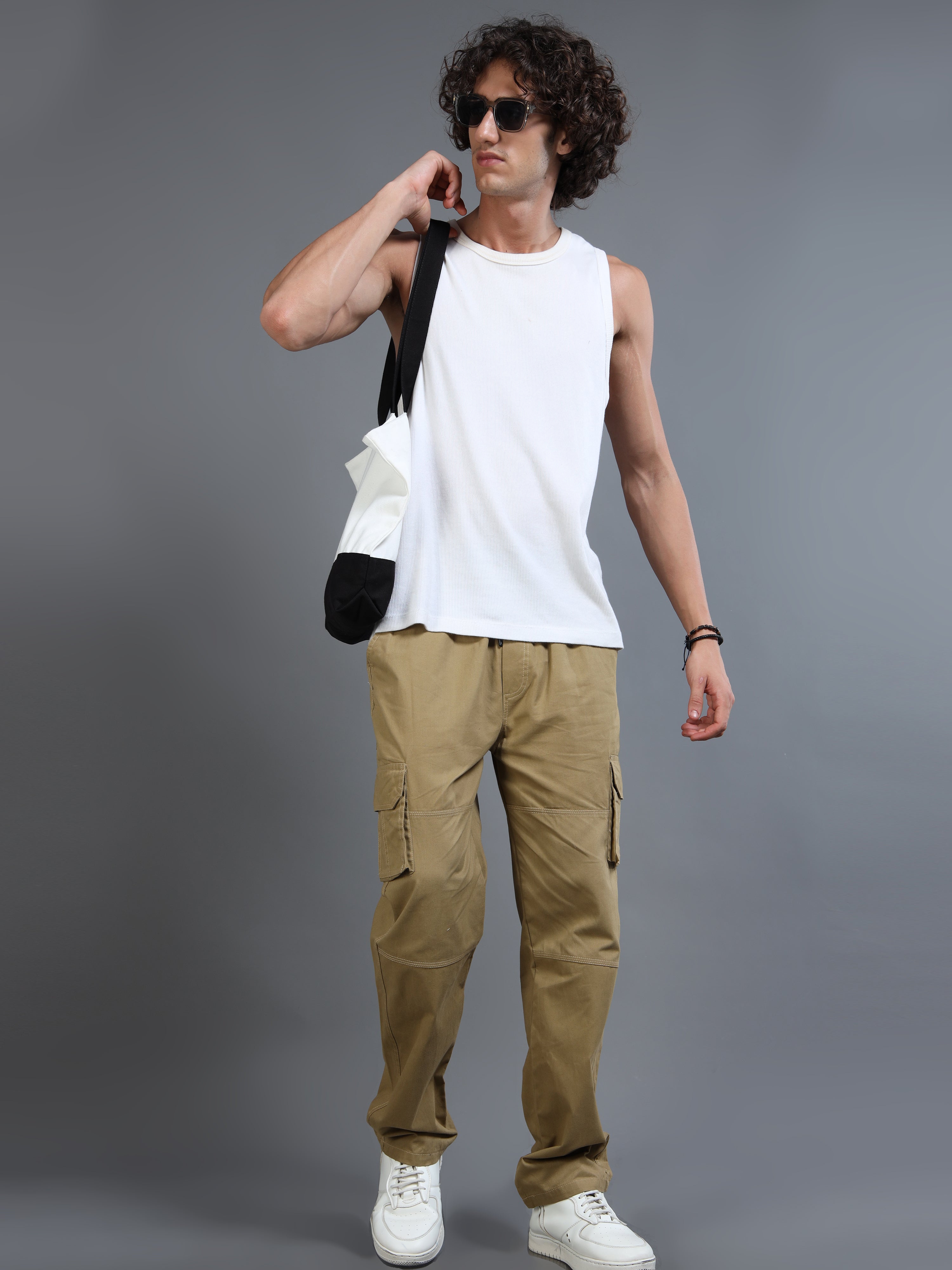 Men's Beige Straight-Leg Cargo Pants