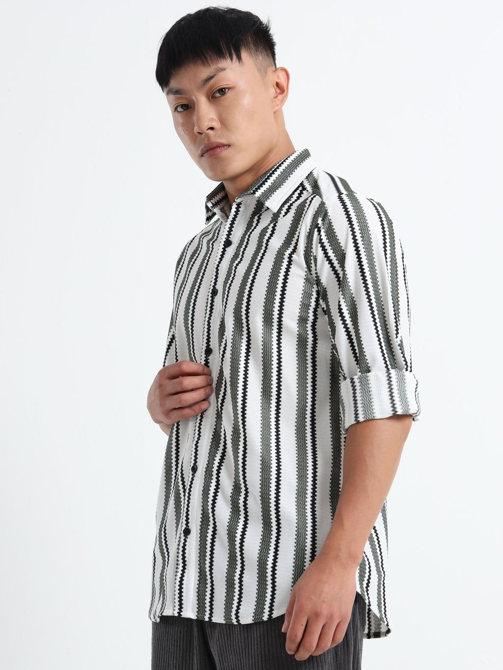 Men’s Black-White Striped Textured Shirt