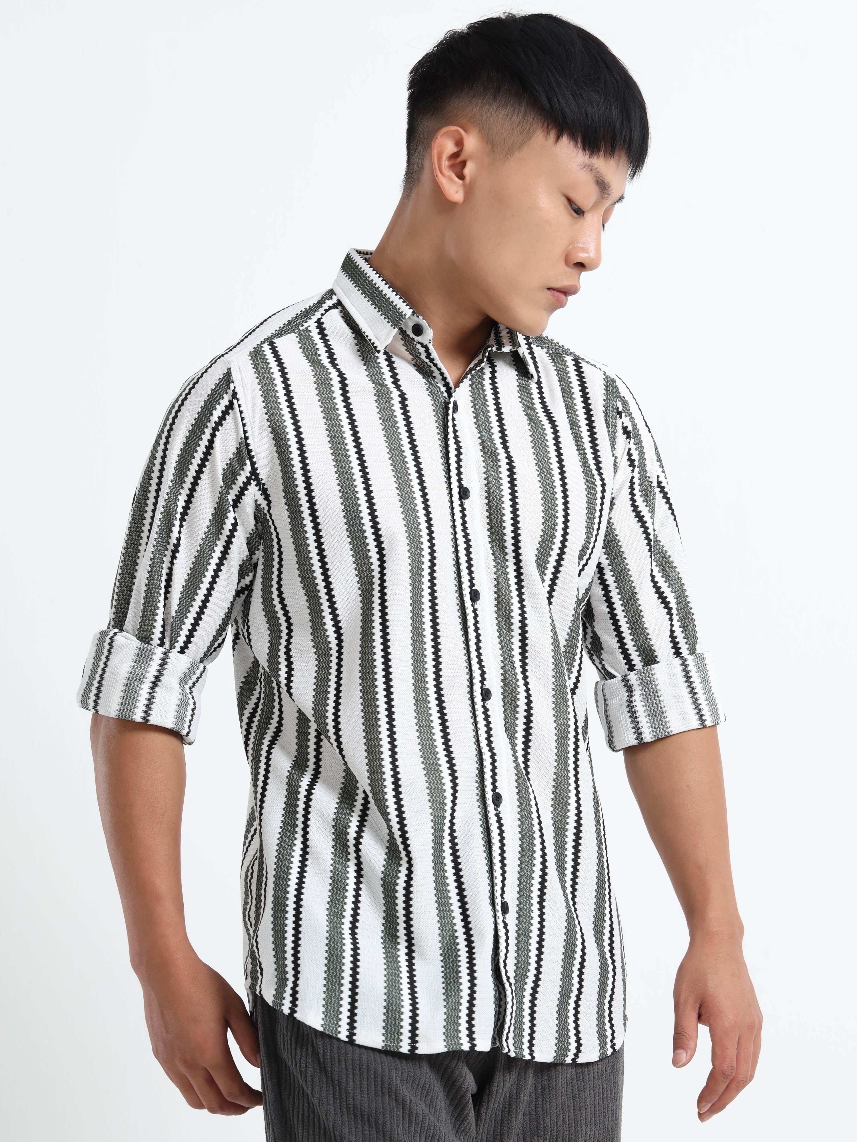 Men’s Black-White Striped Textured Shirt