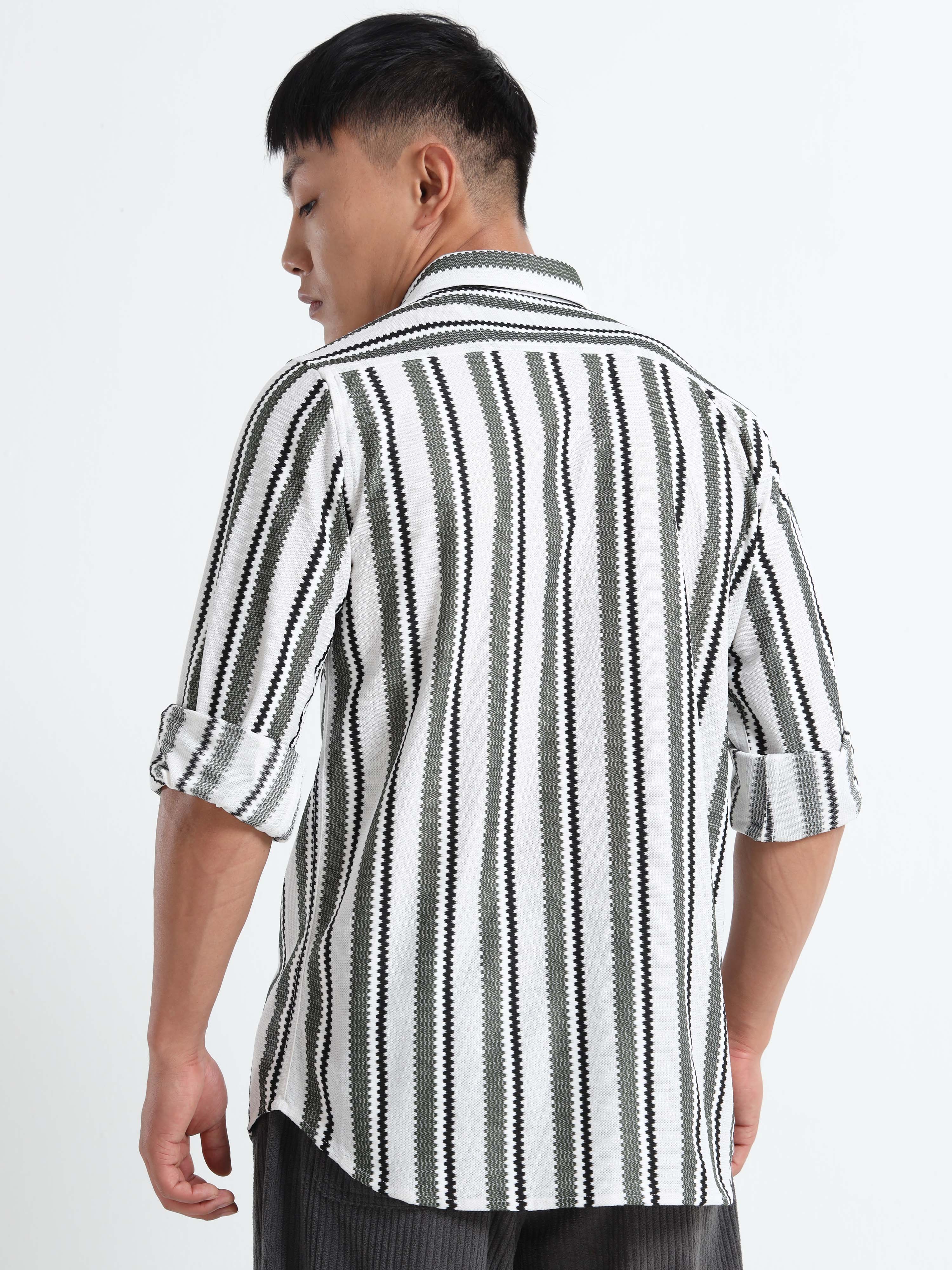 Men’s Black-White Striped Textured Shirt